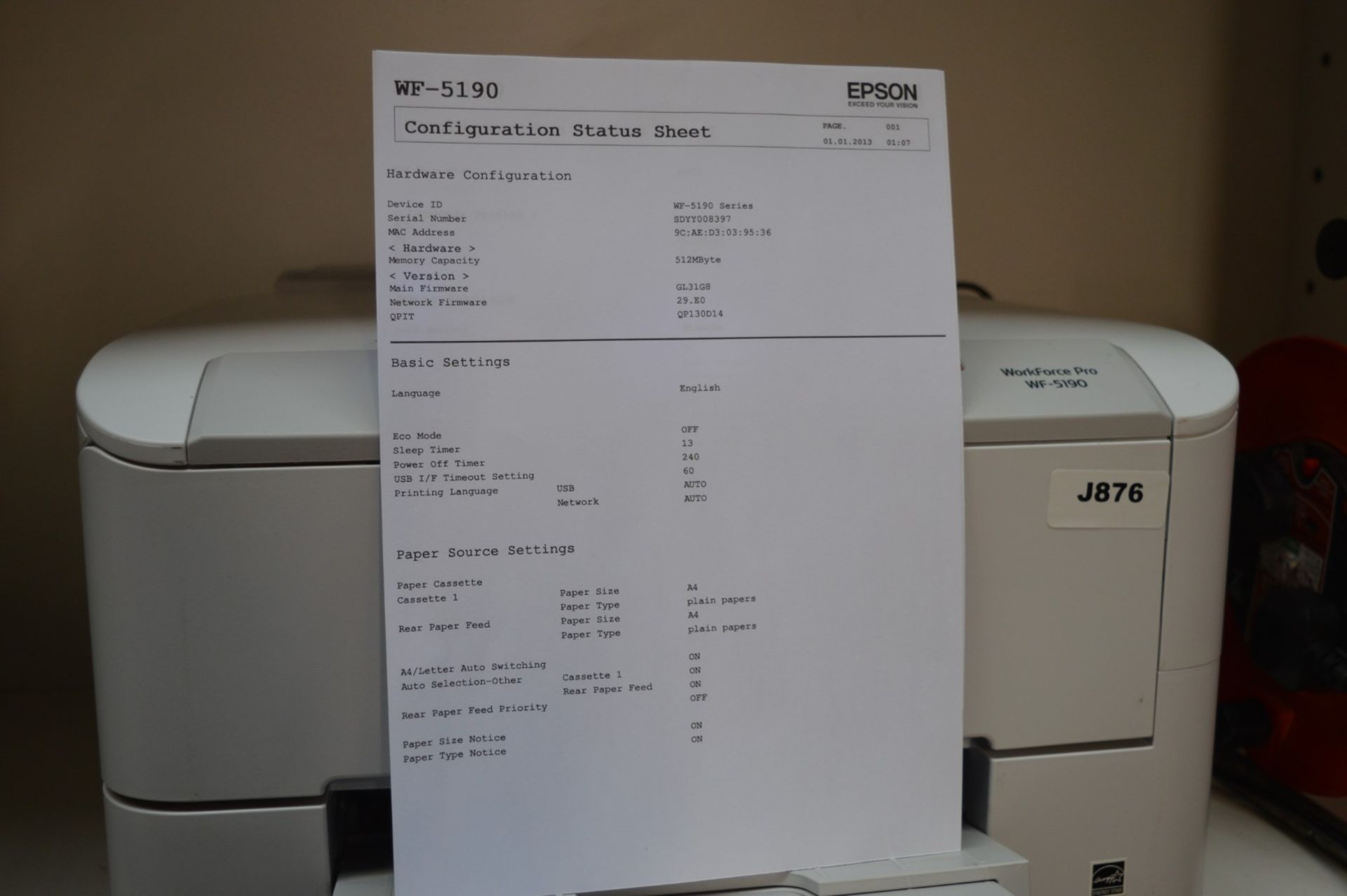 1 x Epson WorkForce Pro WF-5190 Colour Inkjet Printer - Features Include 4800x1200 dpi, 30ppm in - Image 3 of 5