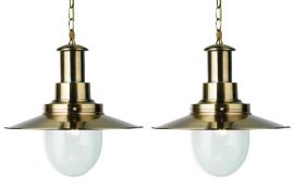 2 x Large Fisherman Antique Brass Pendant Lights With Oval Seeded Glass Shades - New Boxed Stock - C
