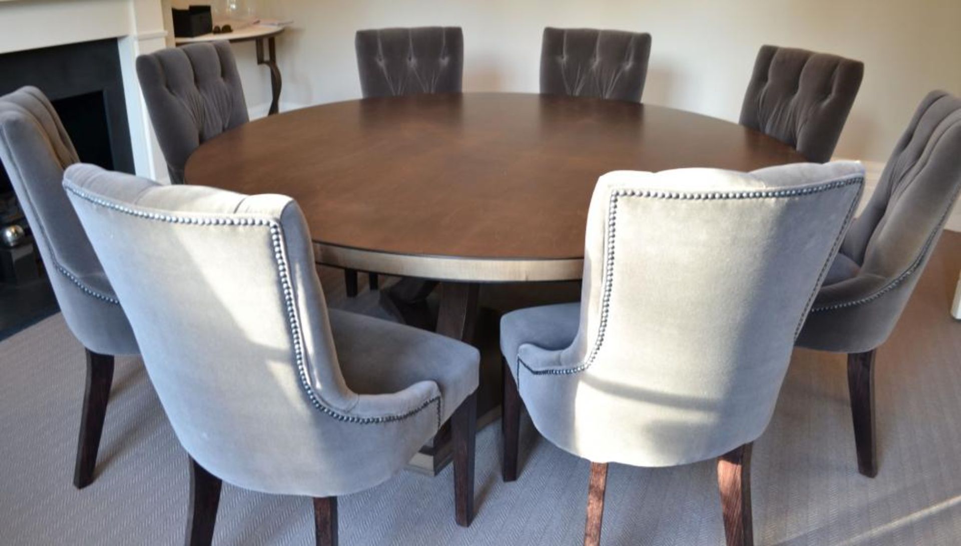 1 x Bespoke Round Dining Table With Sycamore Wood Finish - Includes Set of Six Grey Button Back - Image 18 of 20