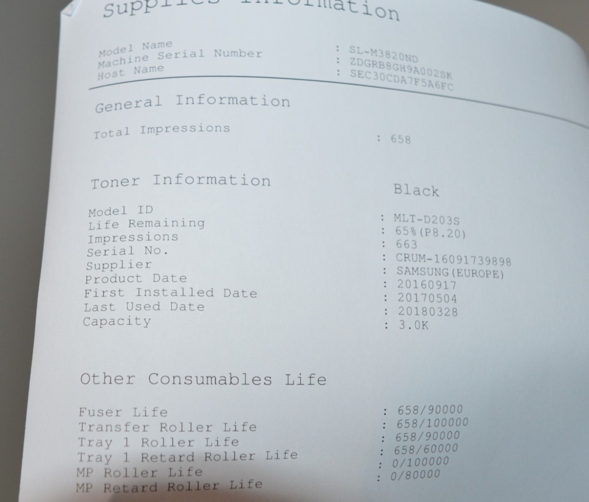 1 x Samsung ProXpress M3820ND A4 Mono Laser Printer - Only 663 Impressions, 65% Toner Level, See - Image 3 of 5