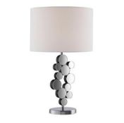 1 x Mirrored Circle Base Table Lamp, Chrome, White Drum Shade - Brand New Boxed Stock