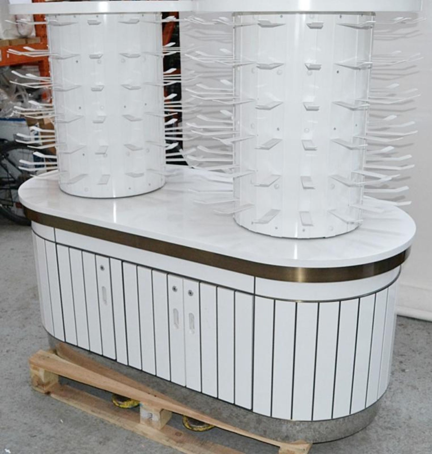 2 x Curved Cosmetics Shop Counters With Revolving Carousels In White - Recently Removed From Harrods - Image 2 of 8