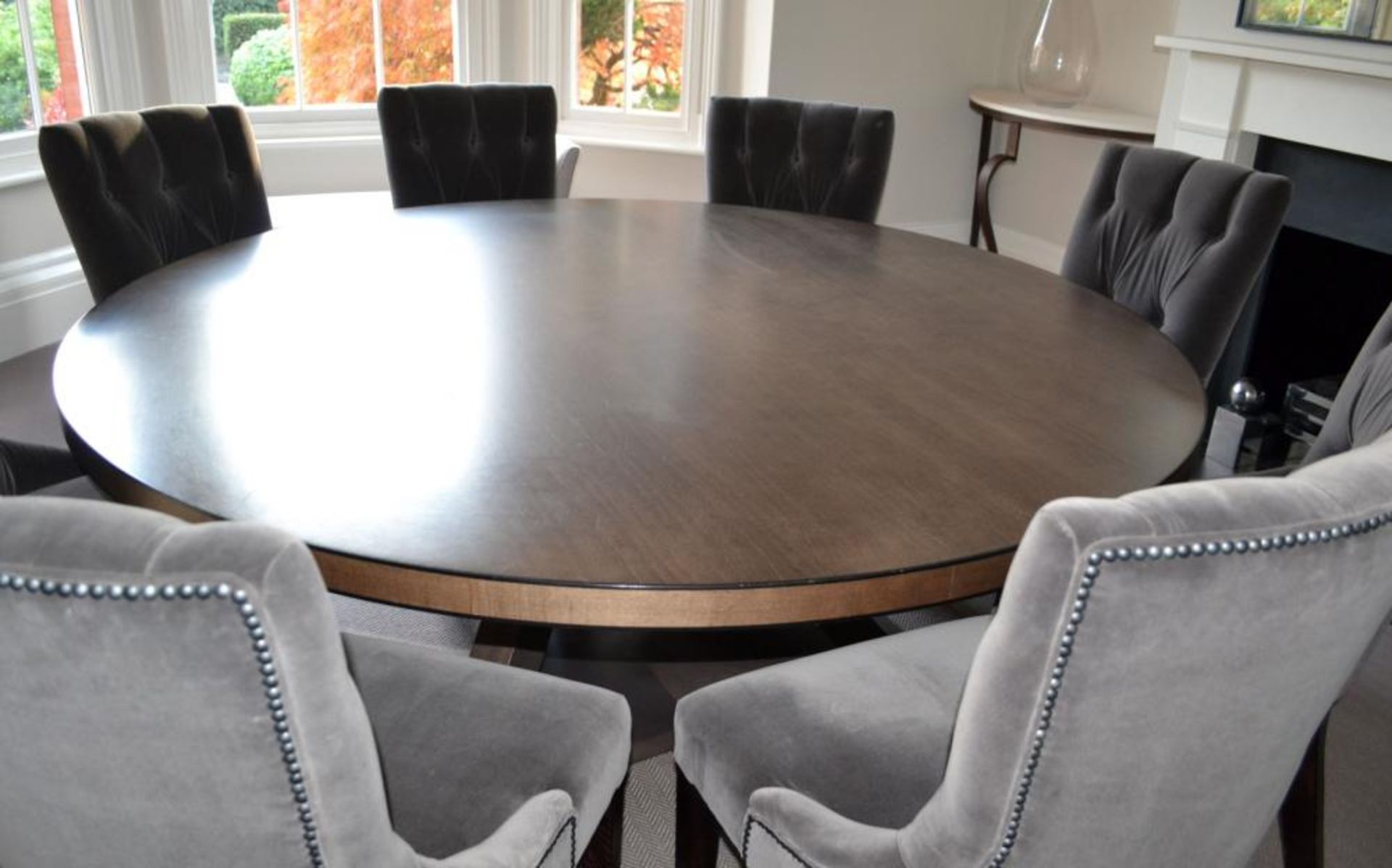 1 x Bespoke Round Dining Table With Sycamore Wood Finish - Includes Set of Six Grey Button Back - Image 16 of 20