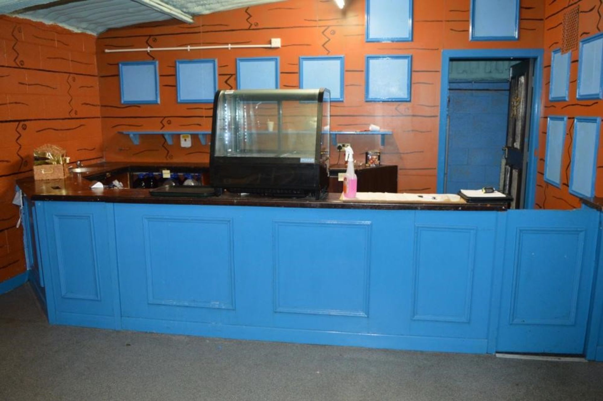 1 x Drinks Bar in Blue With Wooden Counter Top - Includes Backbar Storage and Single Handwash Basin