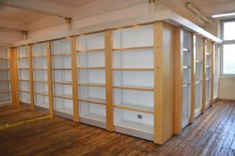 10 x Bays of Retail Display Shelving - Features Beech Finish With Downlights, Adjustable Shelving