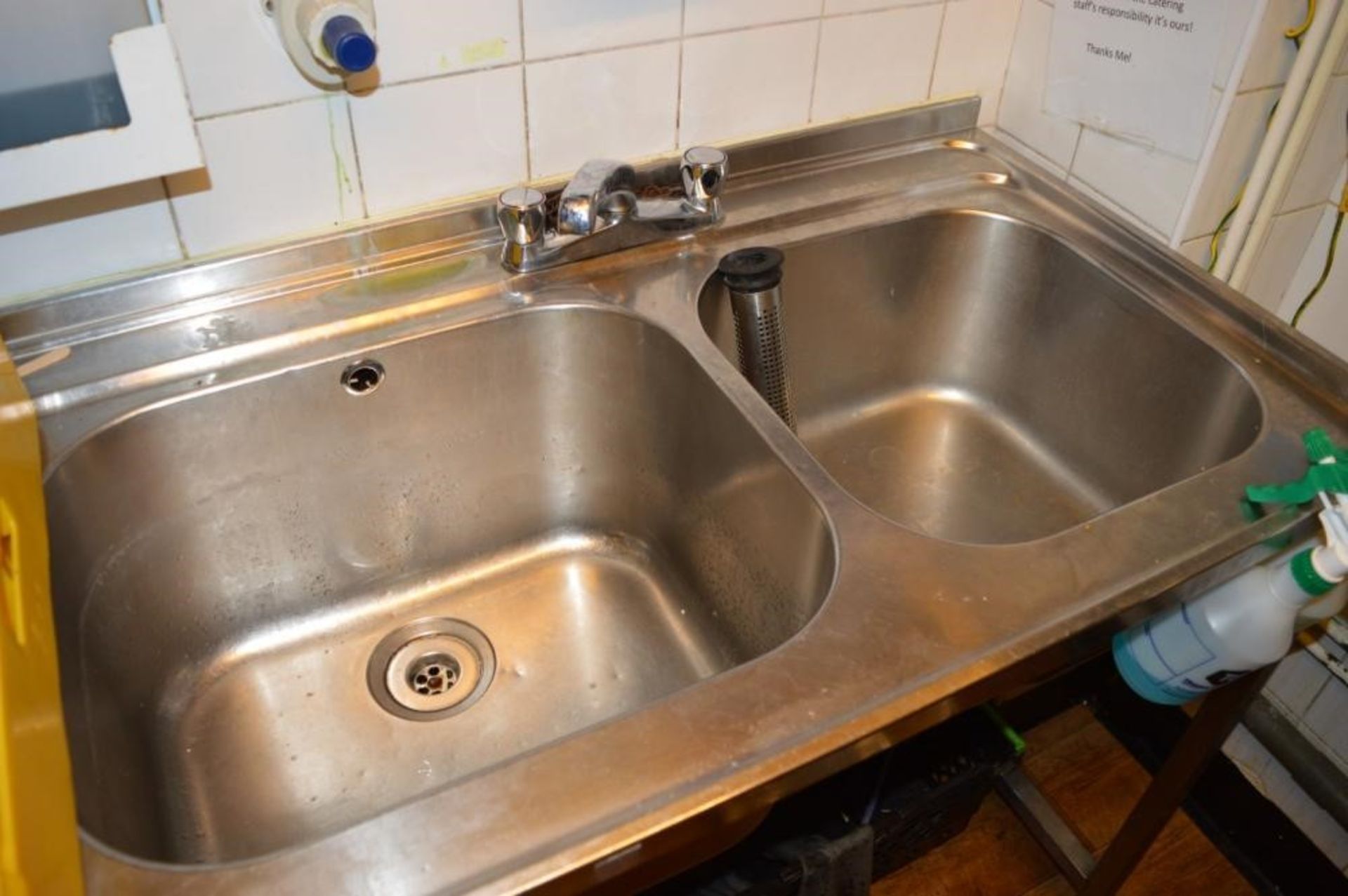 1 x Stainless Steel Twin Sink Basin Unit With Mixer Taps, Strainer Plugs, Soap Dispensers, and Spill - Image 2 of 3