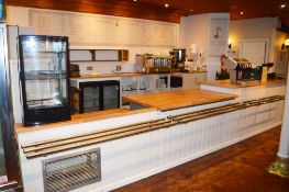 1 x Restaurant Serving Counter With Back and Side Units - White Panel Finish With Blockwood Effect L
