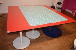 2 x Large Party Tables in Red With Steel Pedestal Basis and Unicorn Party Table Cover - H71 x W101 x