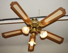 1 x Triple Light Ceiling Fan With Brass Finish, Opaque Shades, and Wooden Fan Blades - Ref BB420 TF-