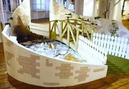 1 x Life Size Diorama Winter Scene With Timber Bridge, Mirrored Floor, Artificial Grass, Doorway Ent