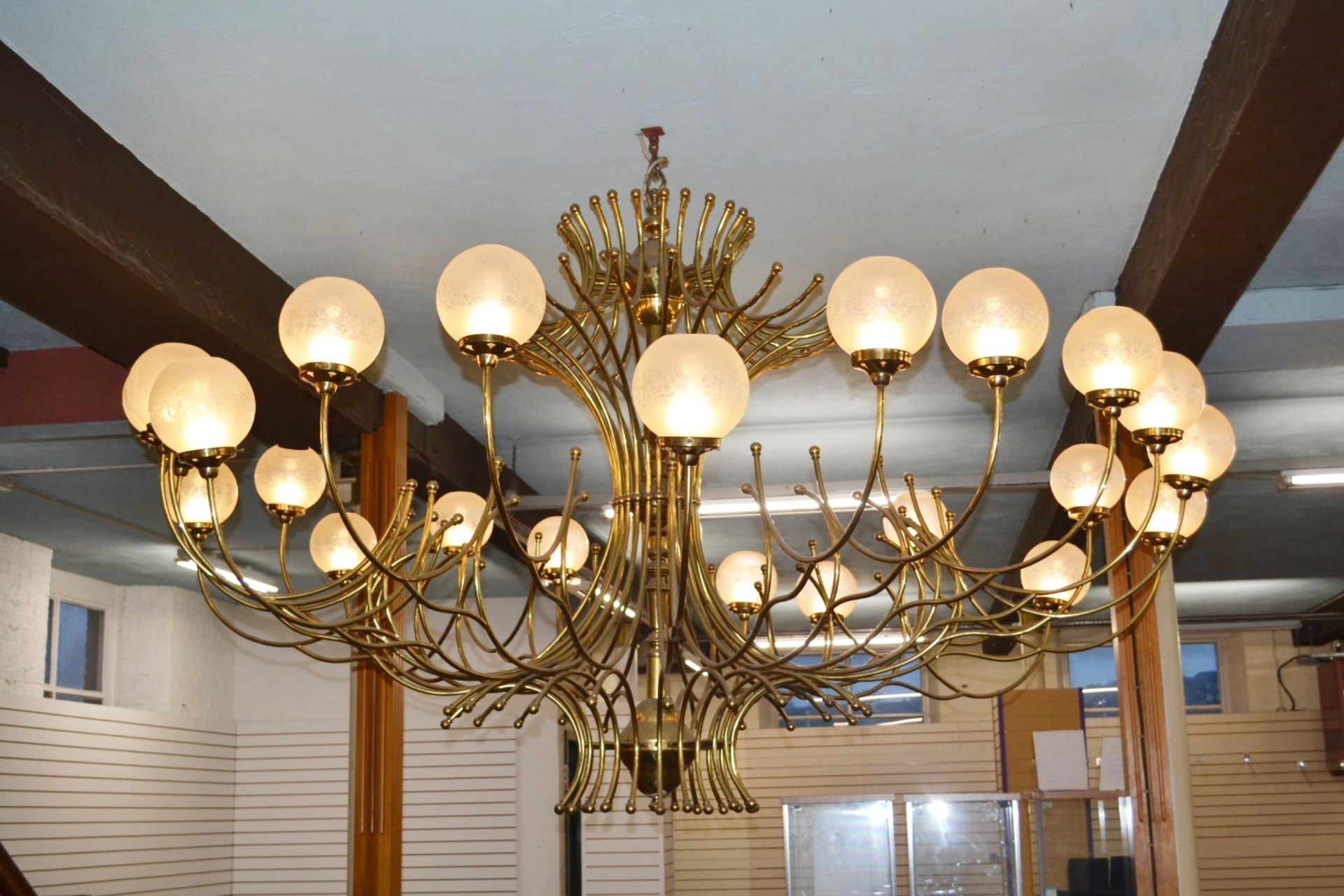 1 x Vintage 24 Light Brass Chandelier With Opaque Globe Shades - 261 cms Width - Ref BB000 - CL351 - - Image 2 of 7