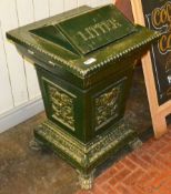 1 x Cast Metal Litter Bin in Green and Gold With Decorative Features and Claw Feet - H79 x W50 x D51