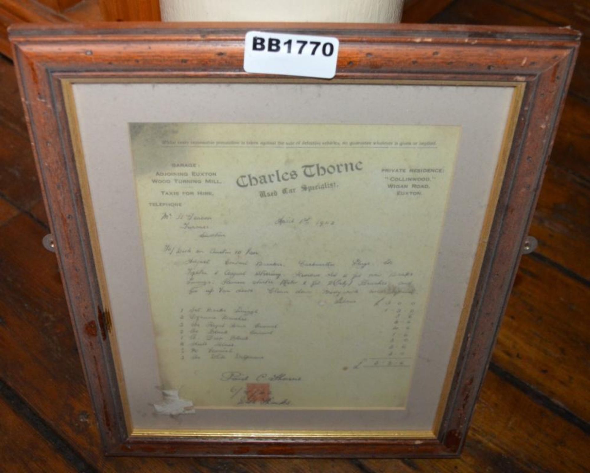 1 x Charles Thorne Euxton Used Car Specialist Customer Receipt Dated 1942 - Mounted in Frame - BB177