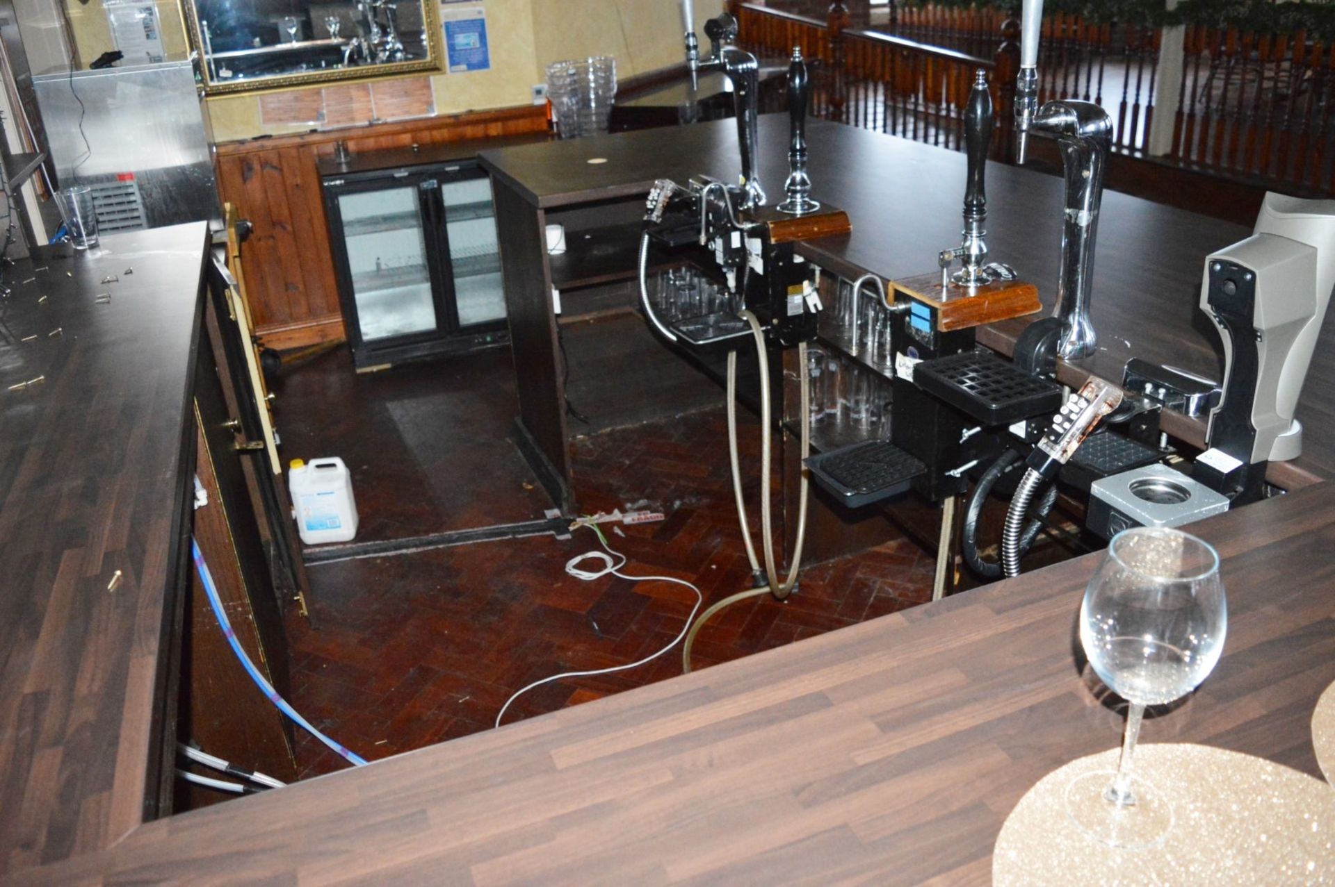 1 x Pub / Restaurant Bar With Walnut Coloured Tops, Mirrored Backbar Unit and Four Suspended Light - Image 10 of 11