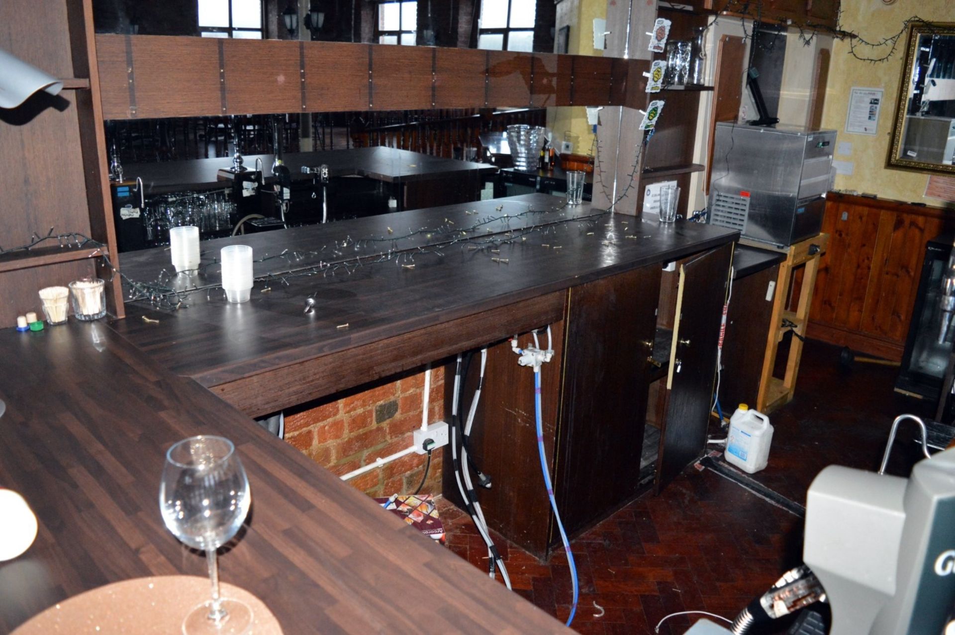 1 x Pub / Restaurant Bar With Walnut Coloured Tops, Mirrored Backbar Unit and Four Suspended Light - Image 11 of 11