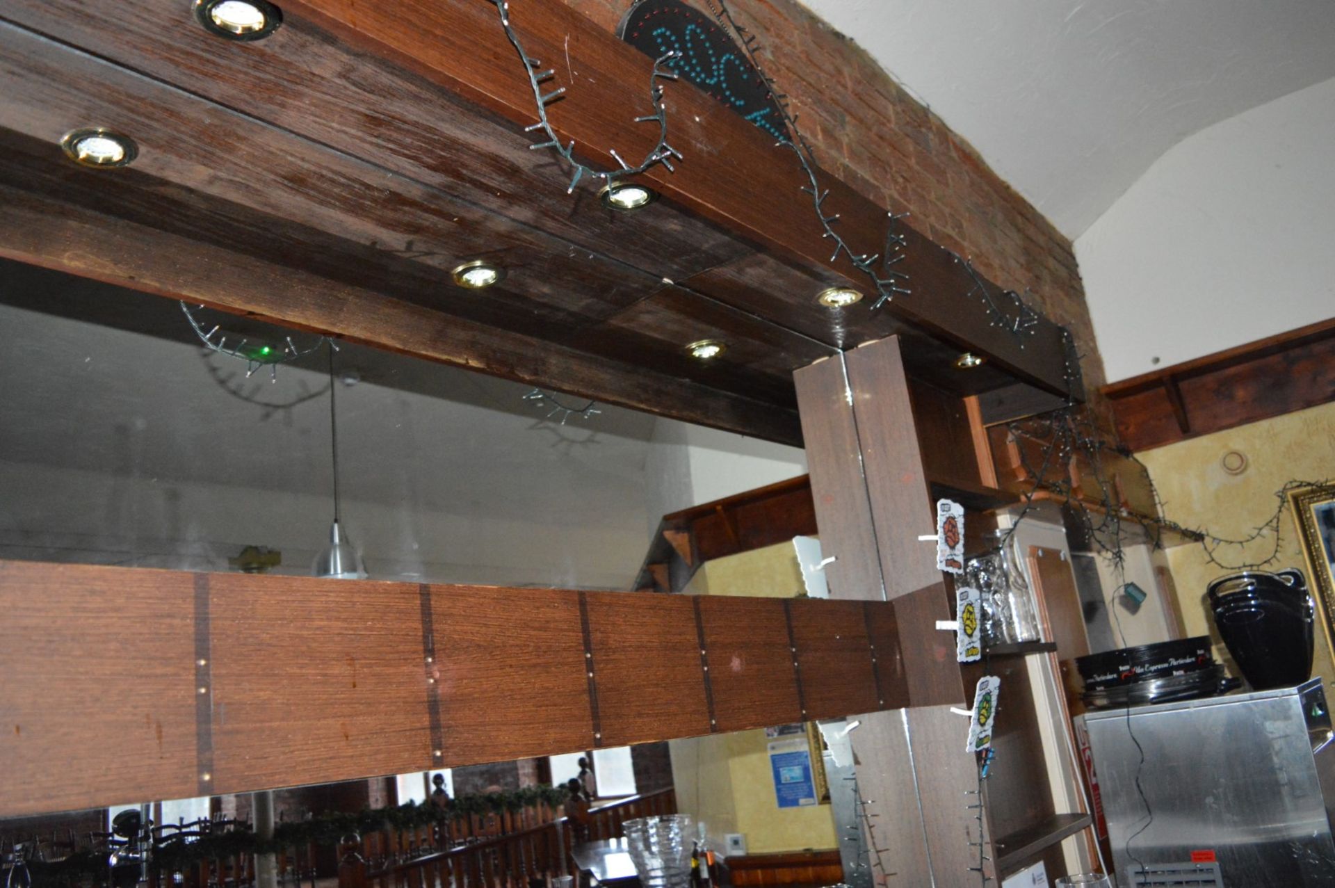 1 x Pub / Restaurant Bar With Walnut Coloured Tops, Mirrored Backbar Unit and Four Suspended Light - Image 5 of 11
