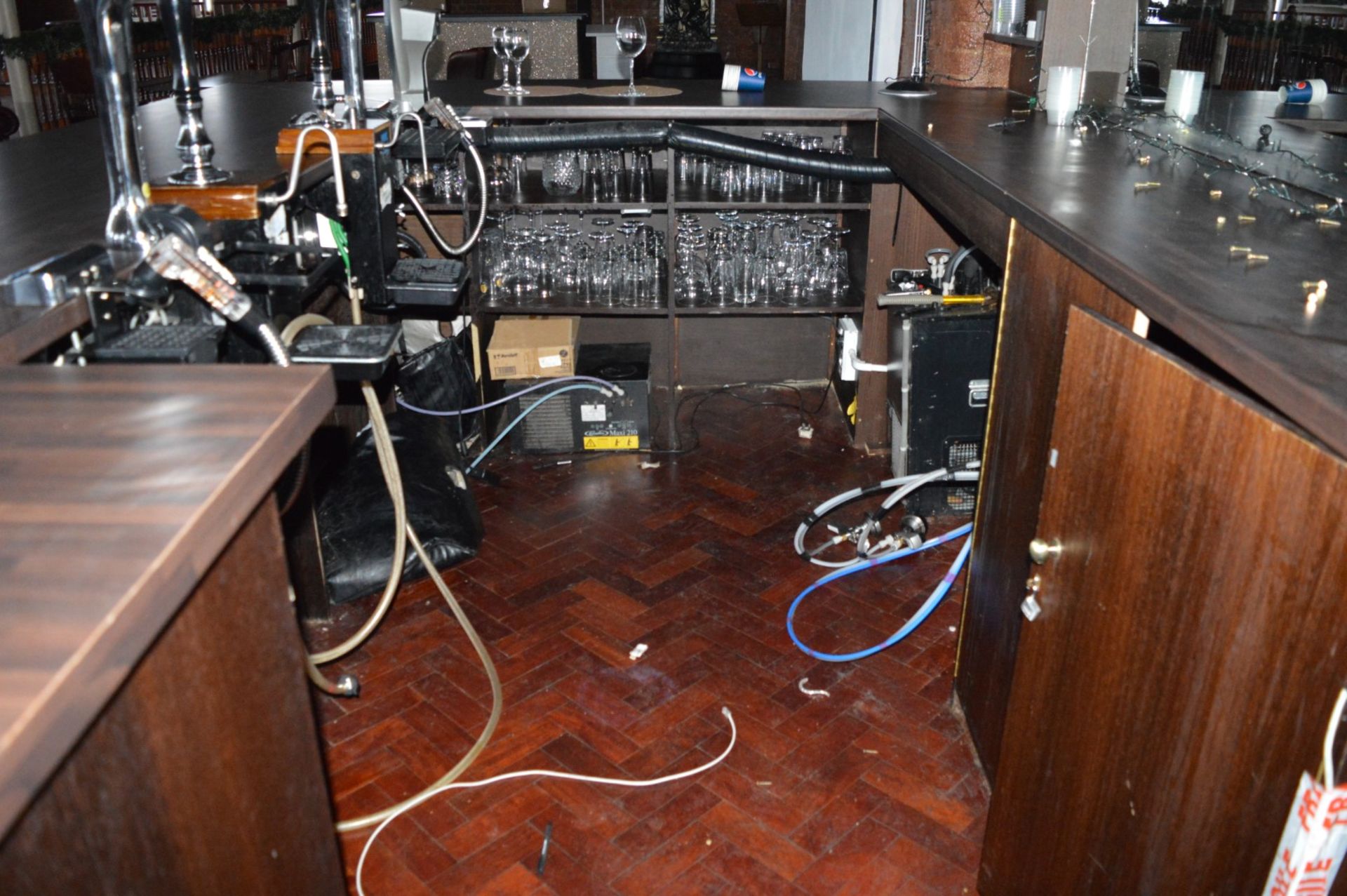 1 x Pub / Restaurant Bar With Walnut Coloured Tops, Mirrored Backbar Unit and Four Suspended Light - Image 3 of 11