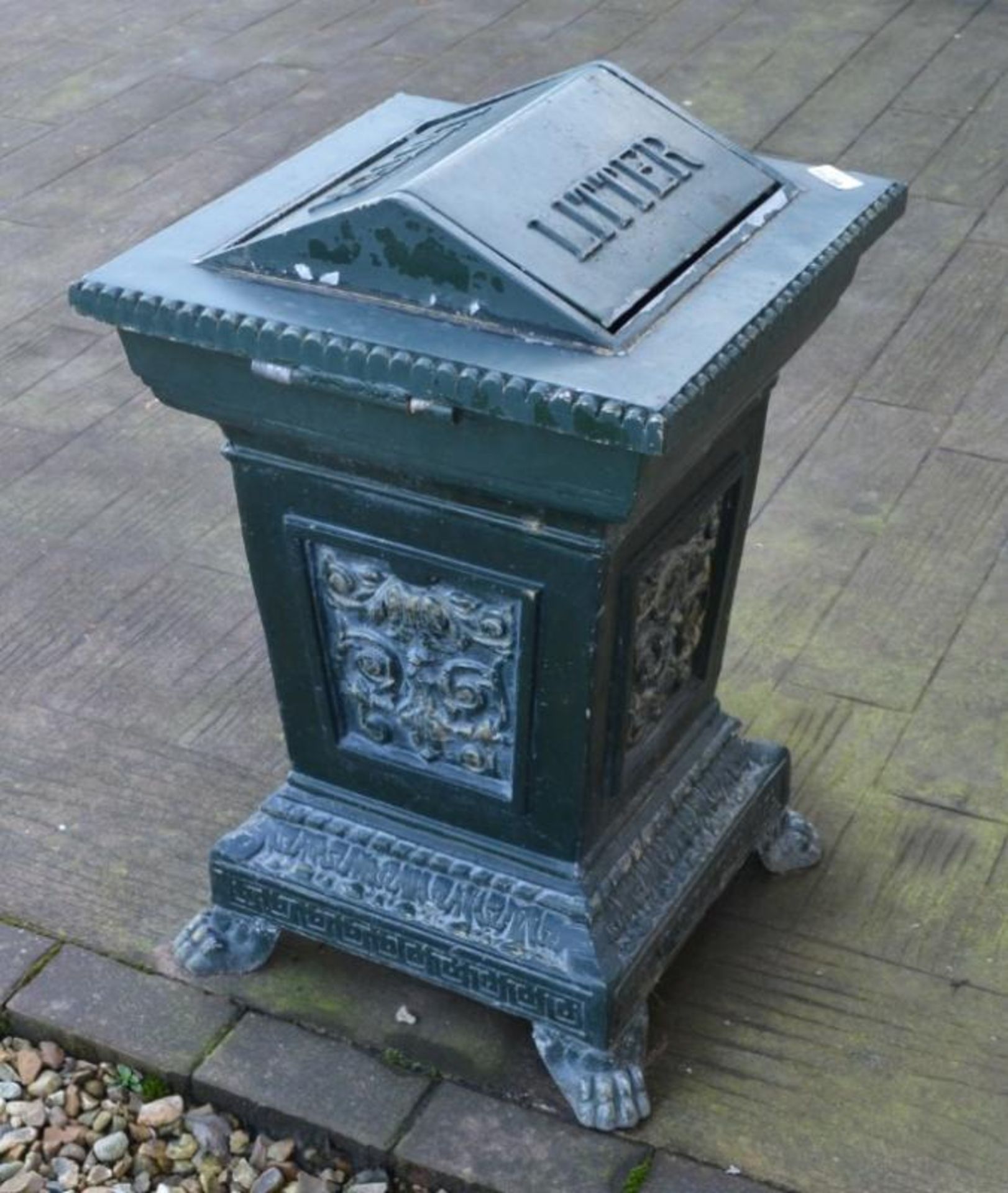 1 x Cast Metal Litter Bin in Green and Gold With Decorative Features and Claw Feet - H79 x W50 x D51