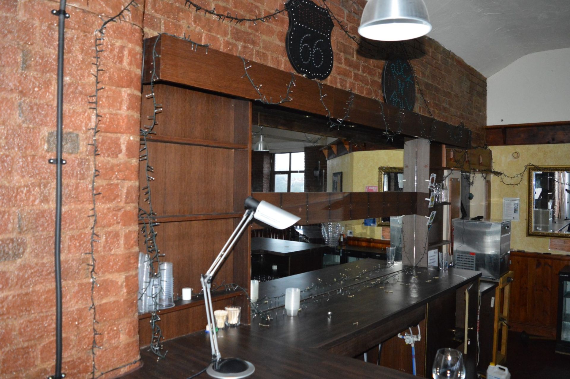 1 x Pub / Restaurant Bar With Walnut Coloured Tops, Mirrored Backbar Unit and Four Suspended Light - Image 9 of 11