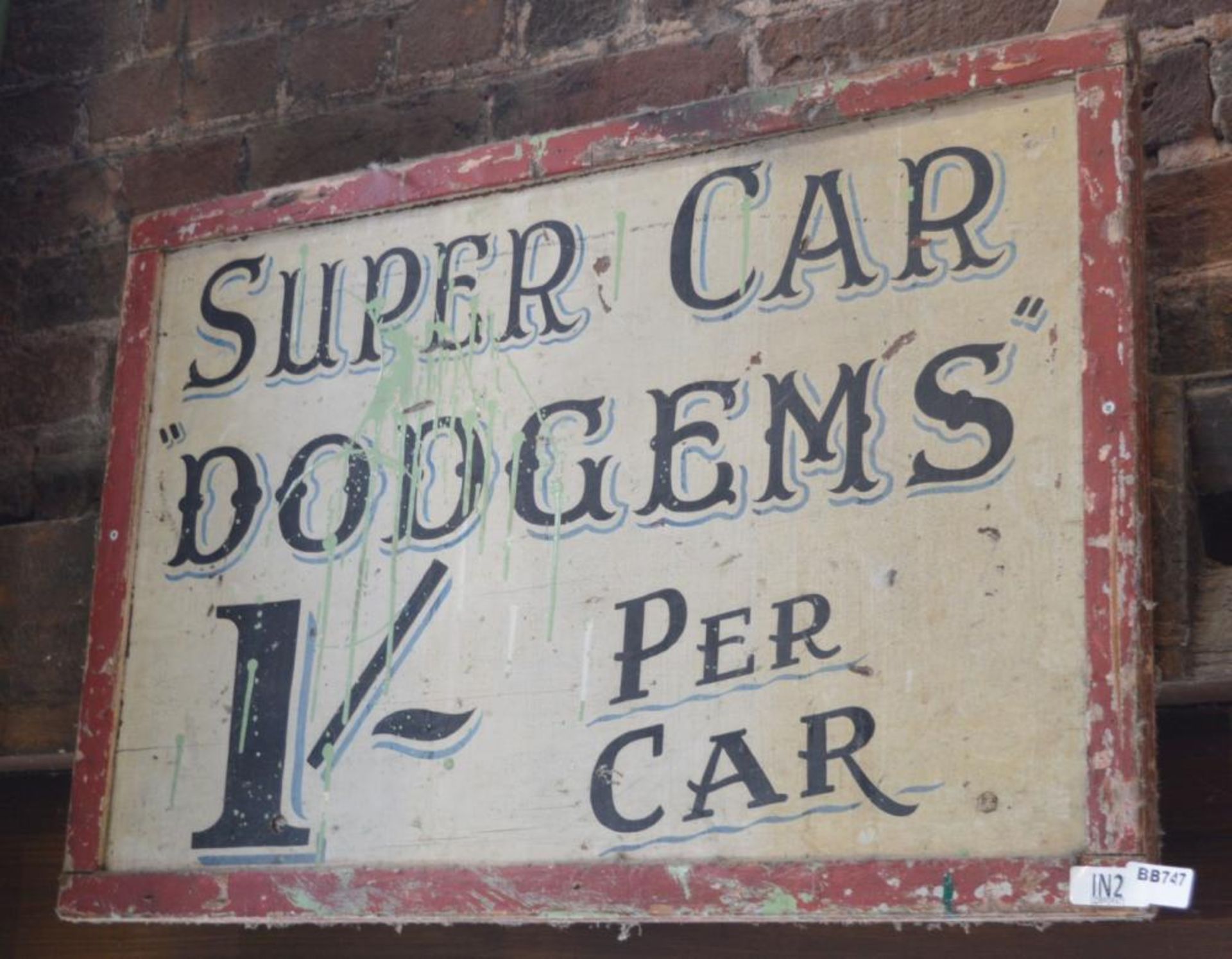 1 x Vintage Hand Painted "Super Car Dodgems 1 Shilling Per Car" Sign - 34 x 23 Inches - Ref BB747 -