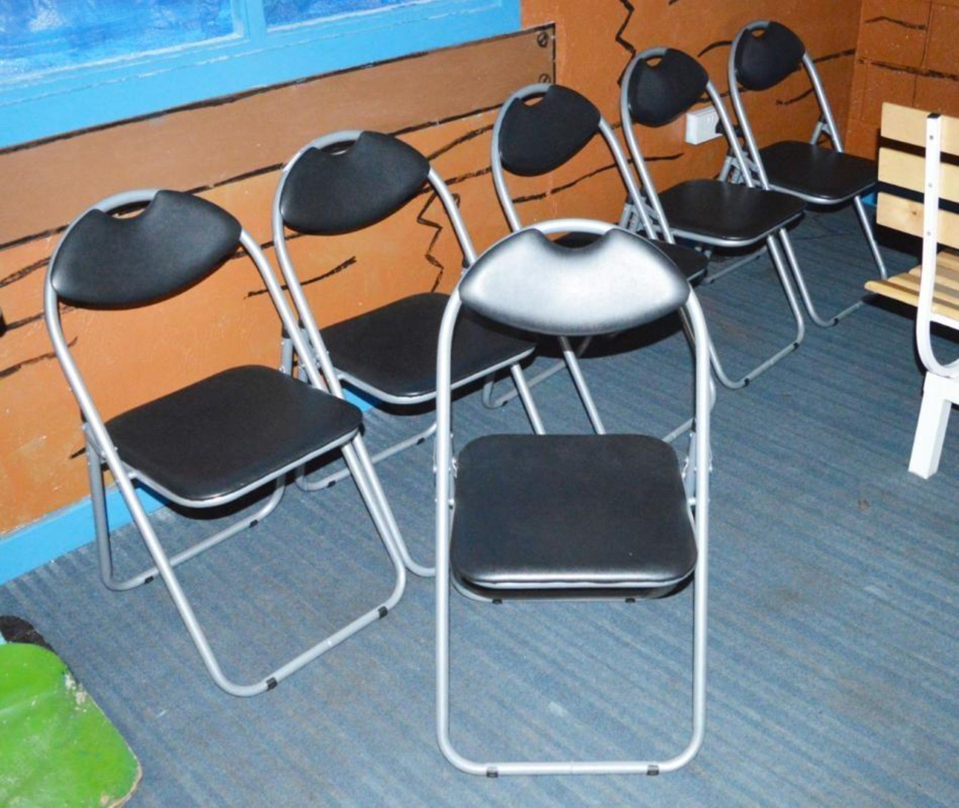 8 x Folding Chairs in Black Faux Leather With Grey Frames - Ref BB228 PTP - CL351 - Location: Chorle
