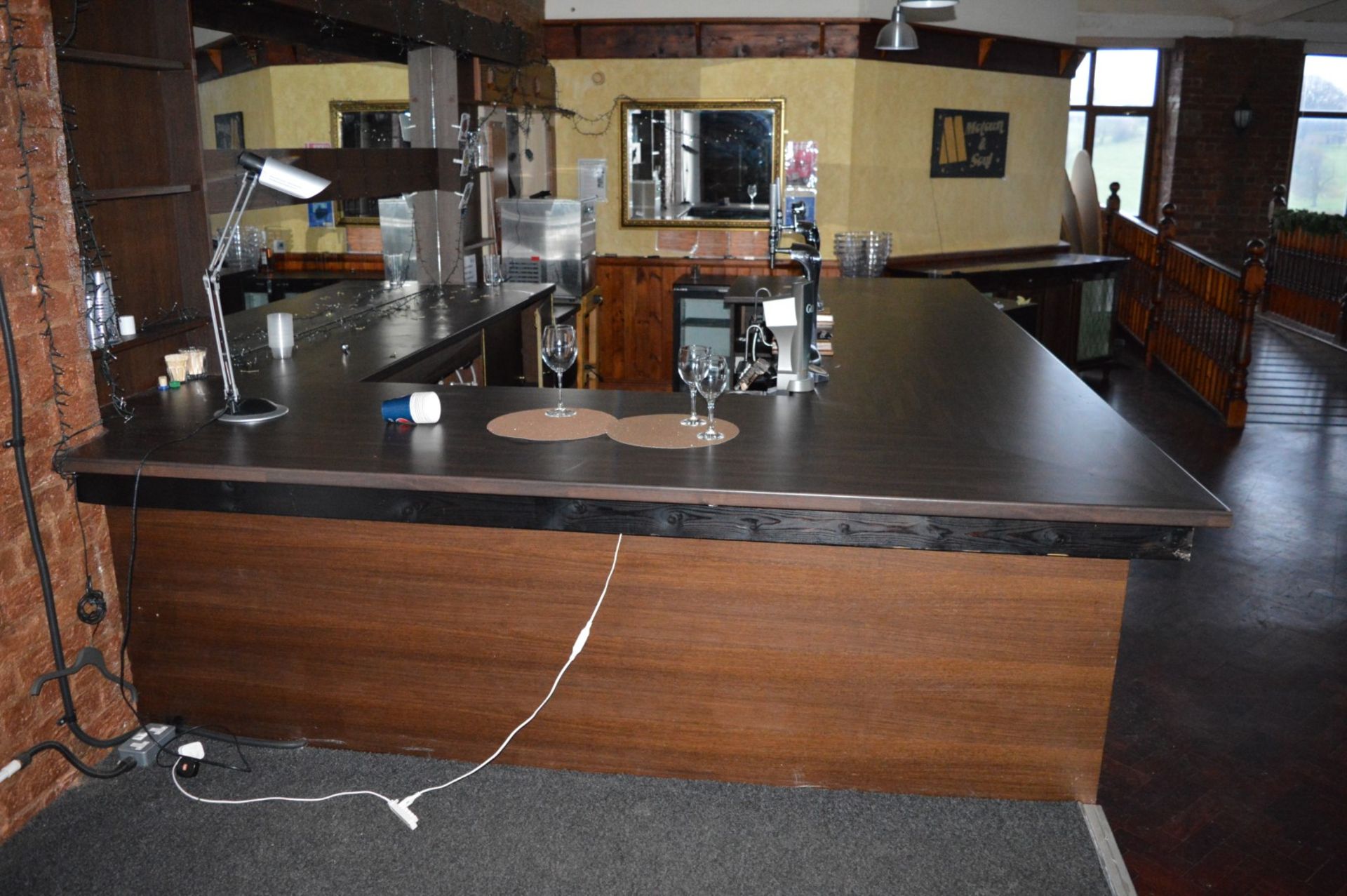 1 x Pub / Restaurant Bar With Walnut Coloured Tops, Mirrored Backbar Unit and Four Suspended Light - Image 8 of 11