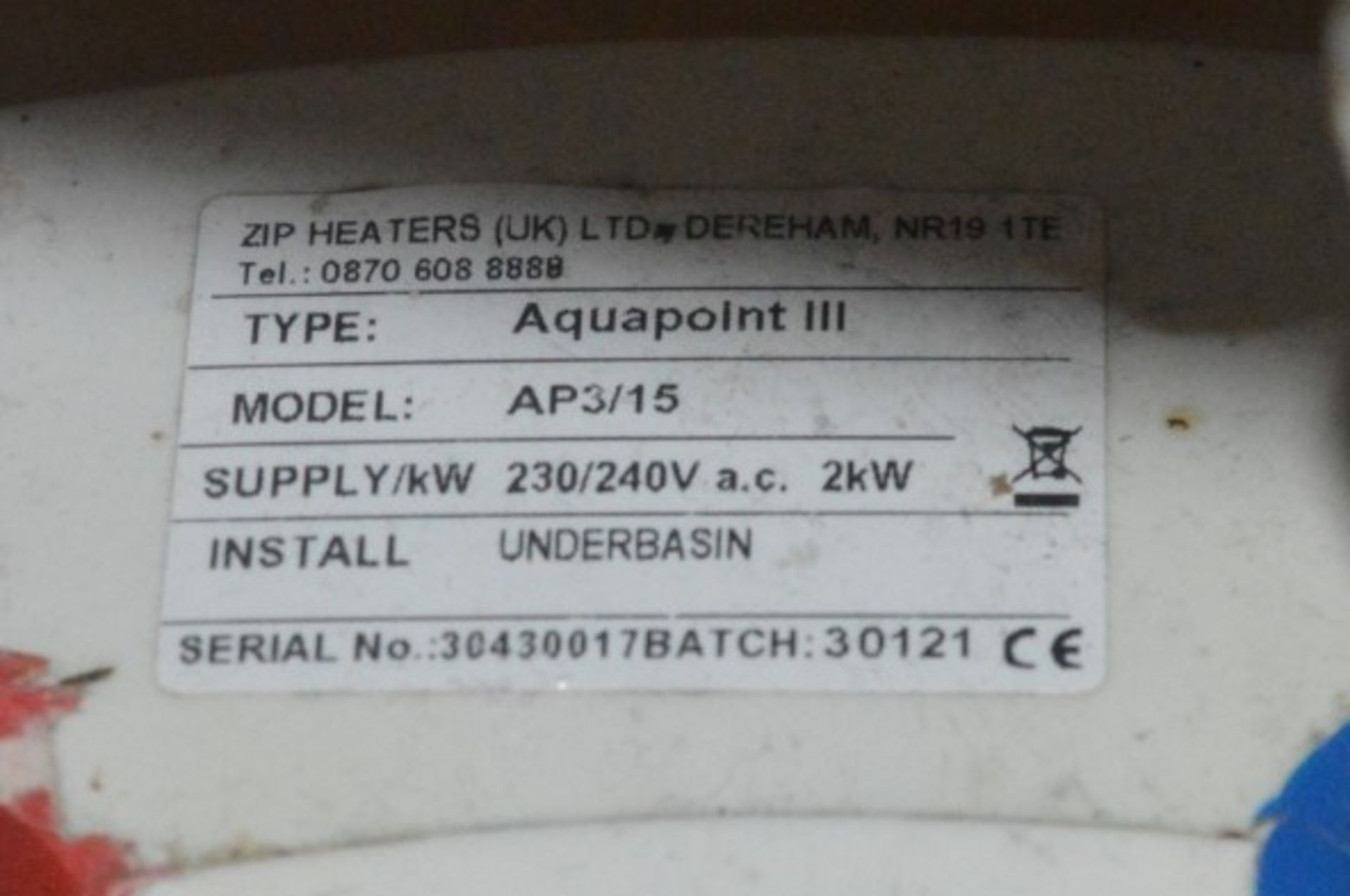 1 x Zip Aquapoint III Electric Water Heater - Model AP3/15 2KW 15LTR - Ref BB1798 GF - CL351 - - Image 2 of 2