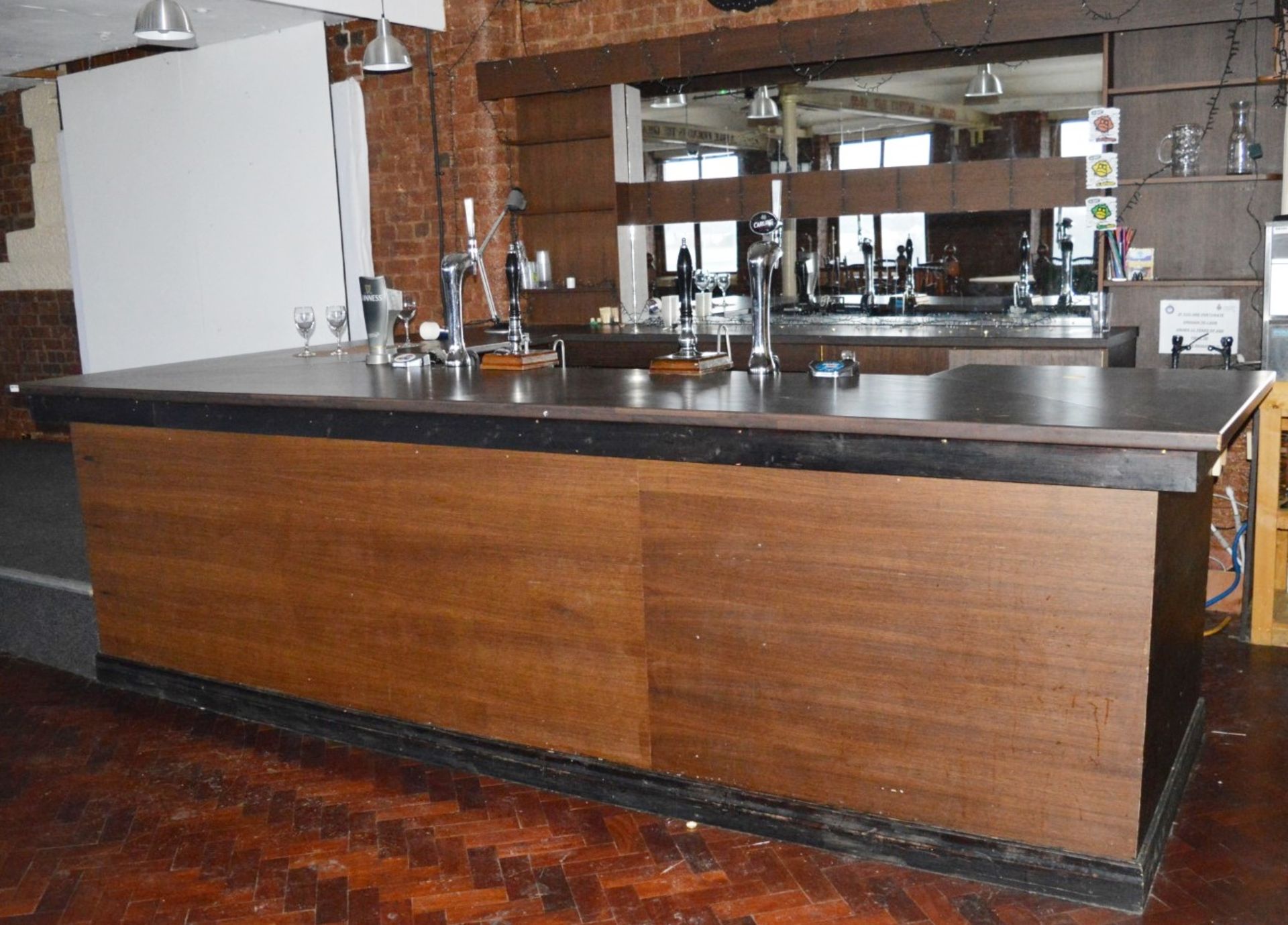 1 x Pub / Restaurant Bar With Walnut Coloured Tops, Mirrored Backbar Unit and Four Suspended Light - Image 7 of 11