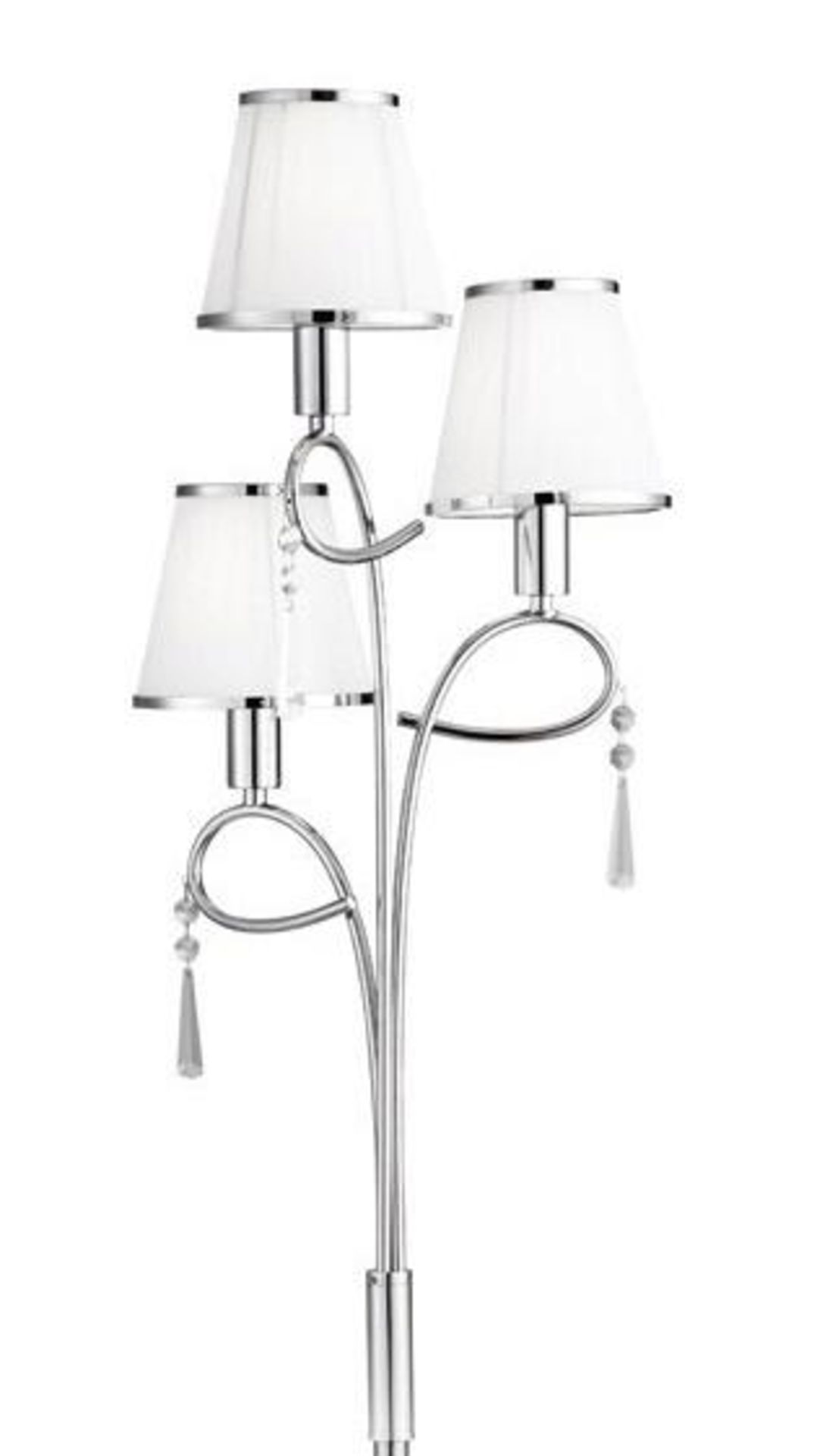 1 x Simplicity Polished Chrome 3 Light Floor Lamp With White String Lamp Shades - 240v - Height 159c