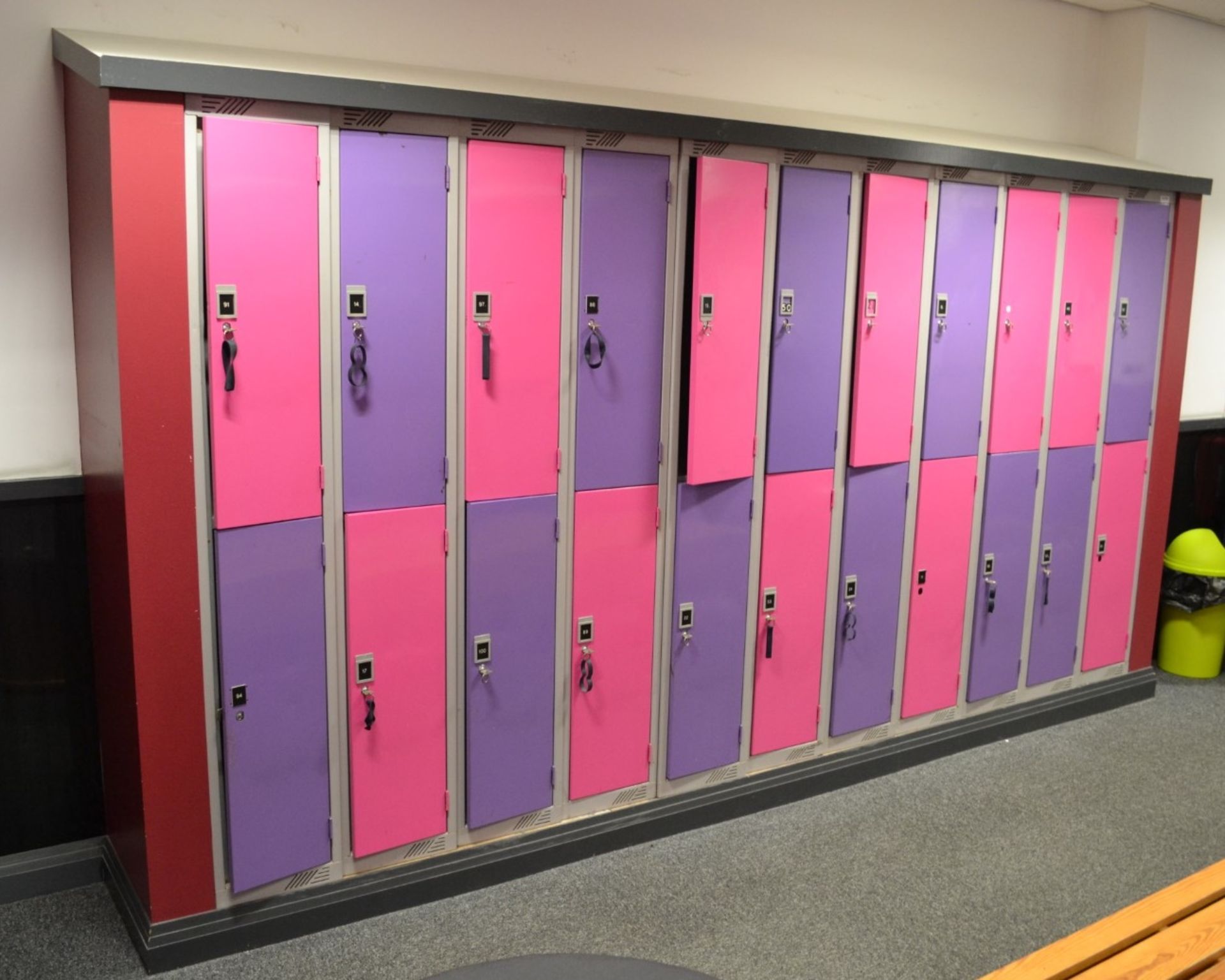 22 x Steel Changing Room Lockers in Purple and Pink - Some With Keys and Some Without -