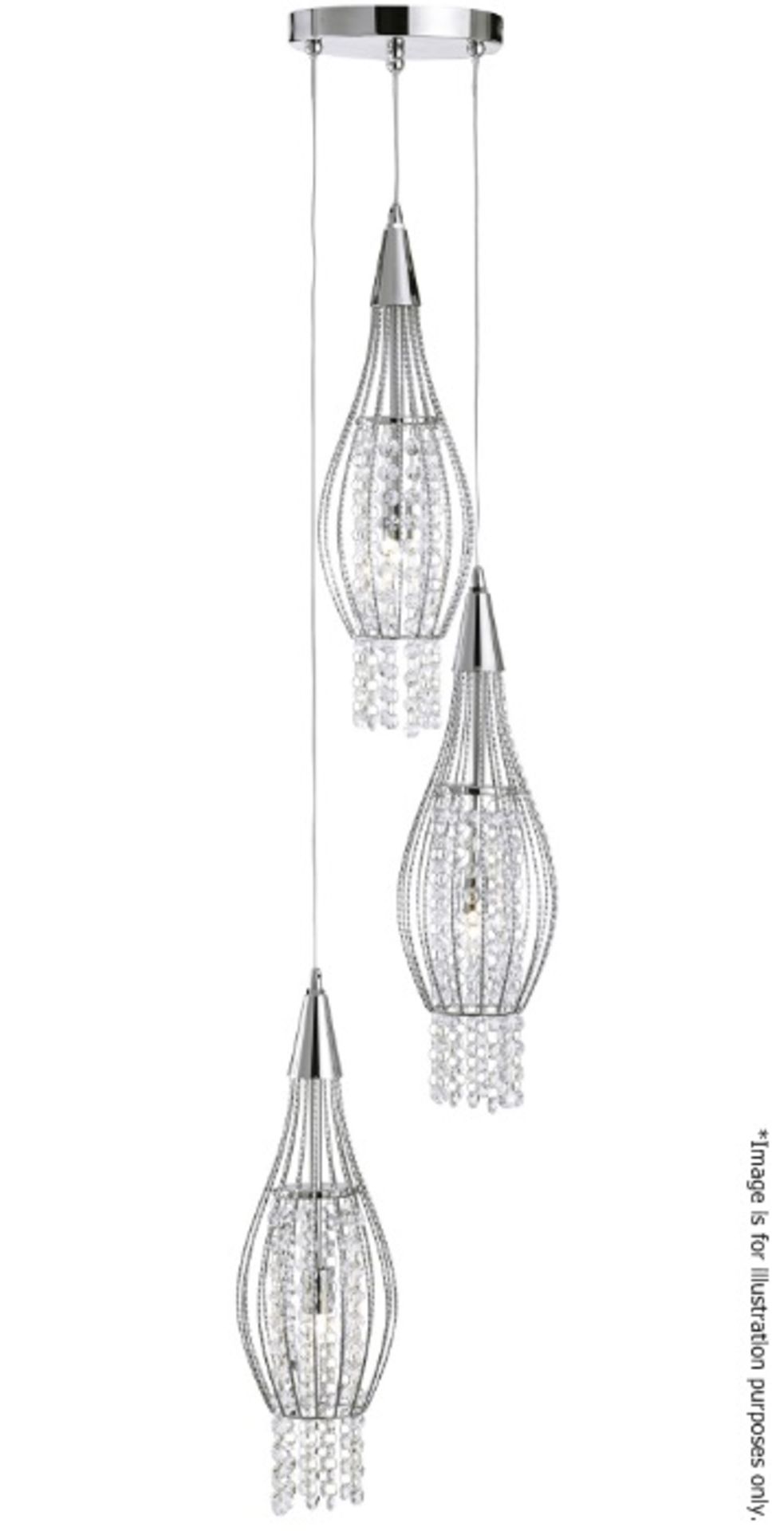 1 x Rocket Chrome 3-Light Cage Multi-drop Pendant Light With Clear Crystal Buttons - RRP £228.00