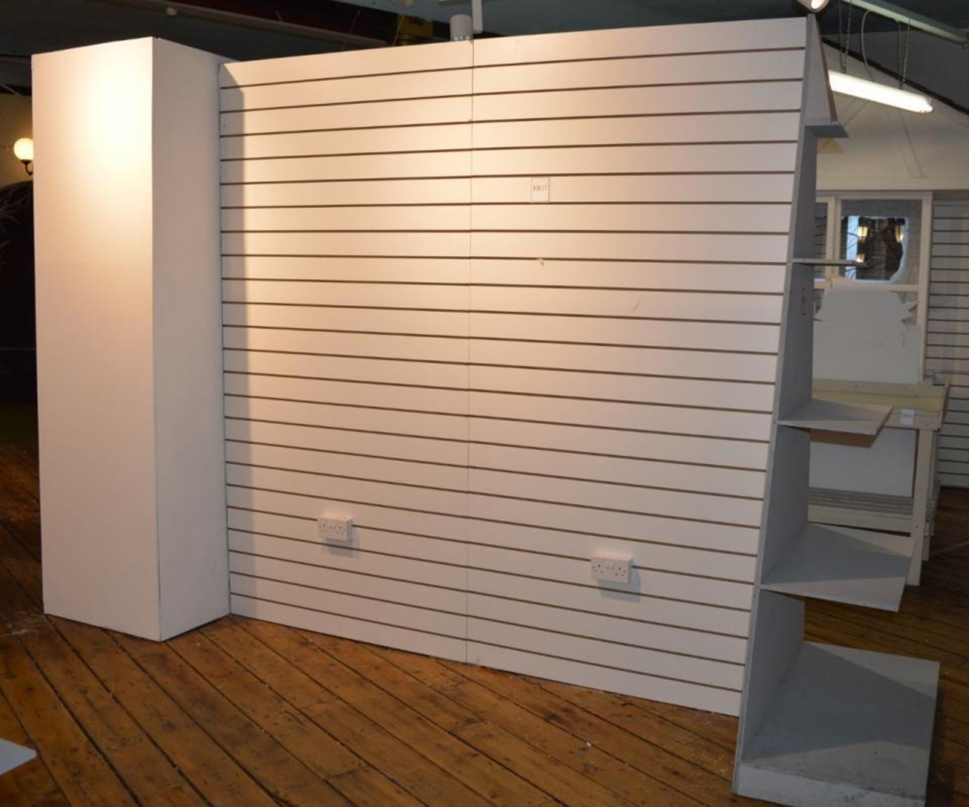 1 x Retail Slat Wall Display Unit - Features Two Slat Walls With Illuminated Display End, Shelf Ends