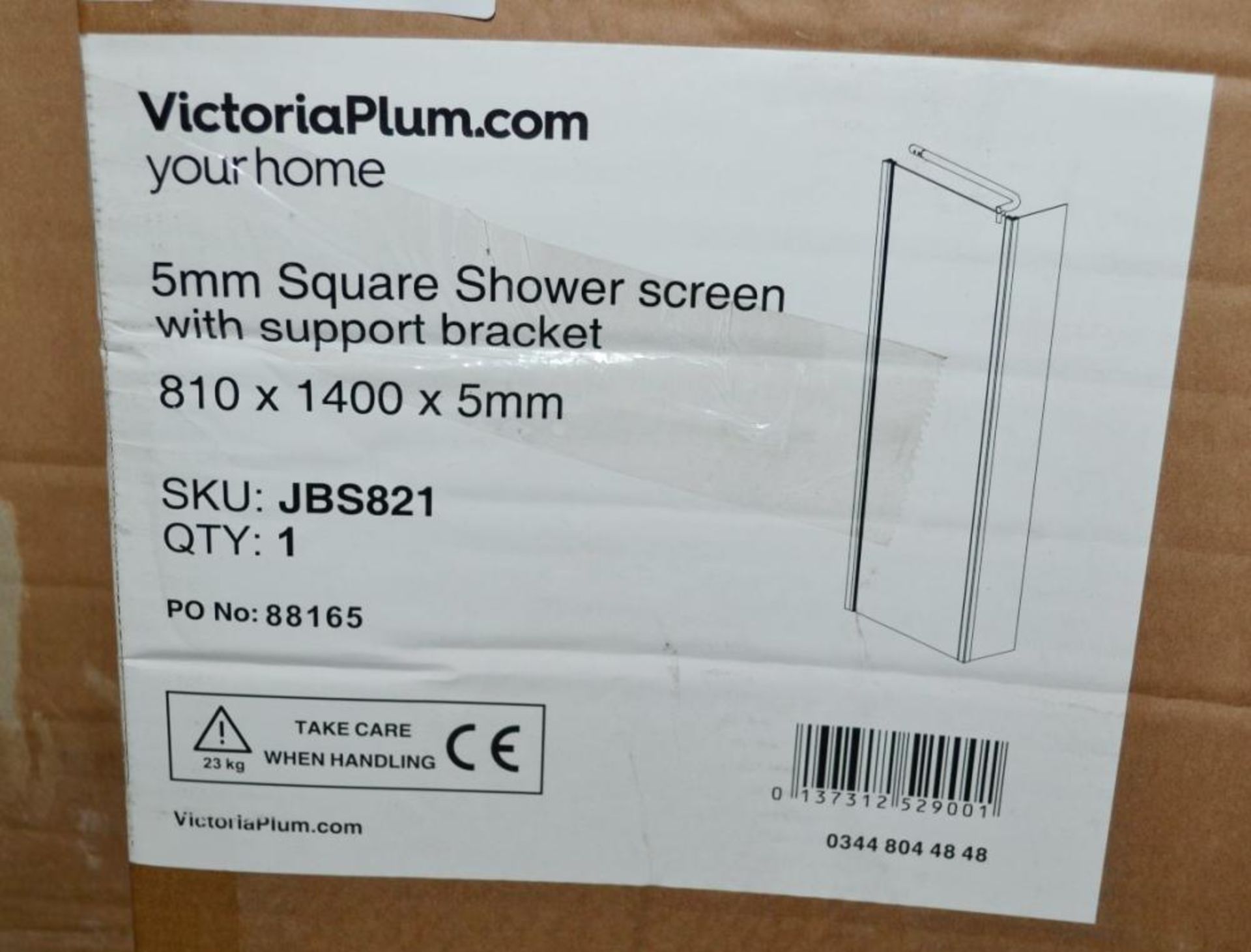 1 x 5mm Square Shower Screen With Support Bracket (JBS821) - New / Unused Stock - Dimensions: 810 x