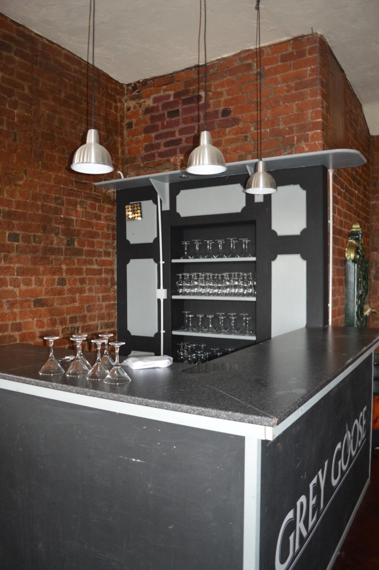 1 x Drinks Bar Finished in Black and Grey - Includes Backbar Shelf Unit and Three Pendant Lights - H - Image 9 of 13