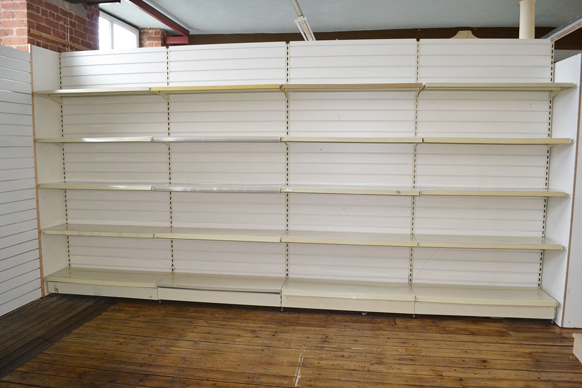 1 x Slatwall With Shelving - Approx. Total Dimensions: W480cm x H249cm - Buyer To Remove
