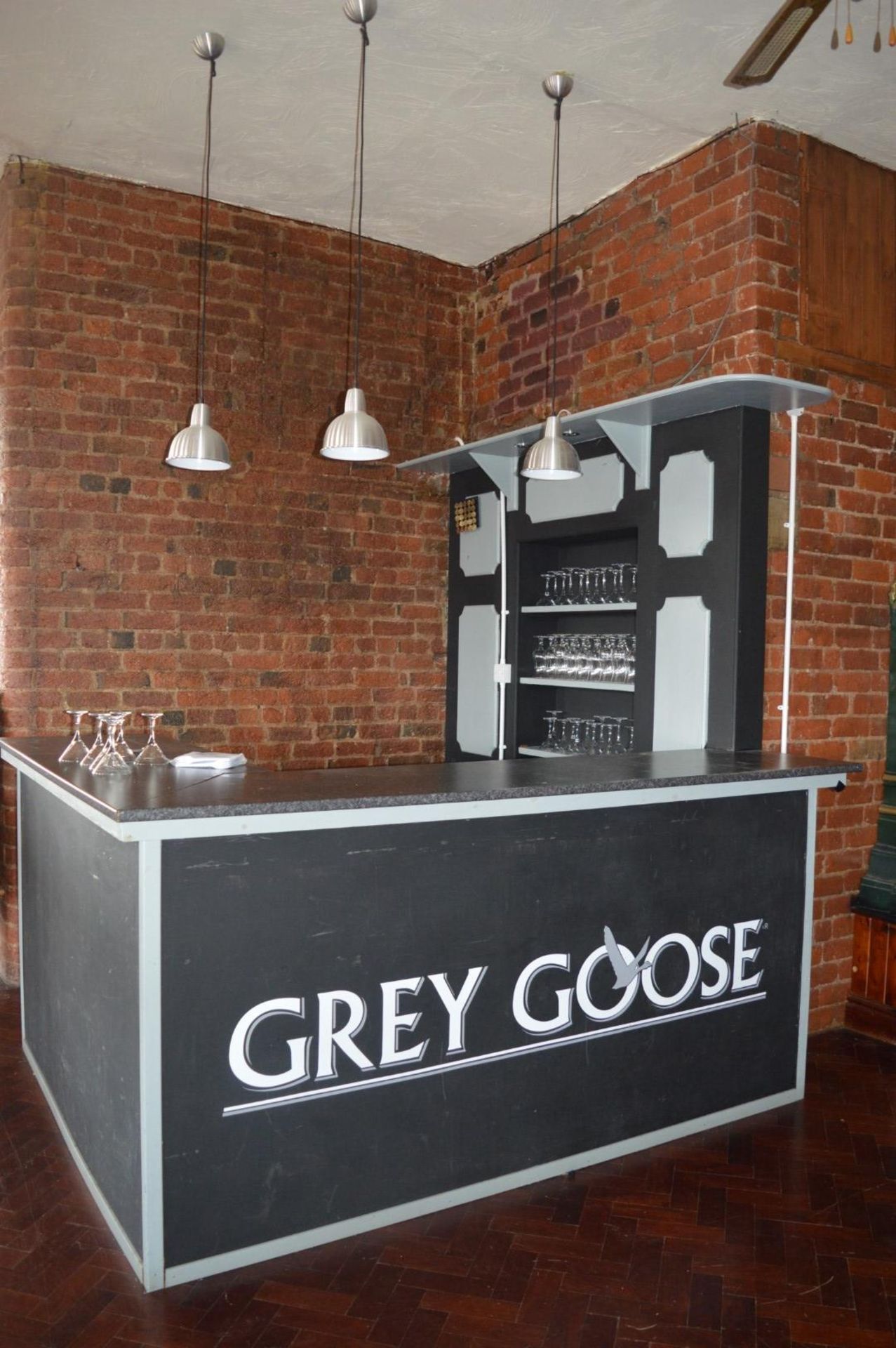 1 x Drinks Bar Finished in Black and Grey - Includes Backbar Shelf Unit and Three Pendant Lights - H