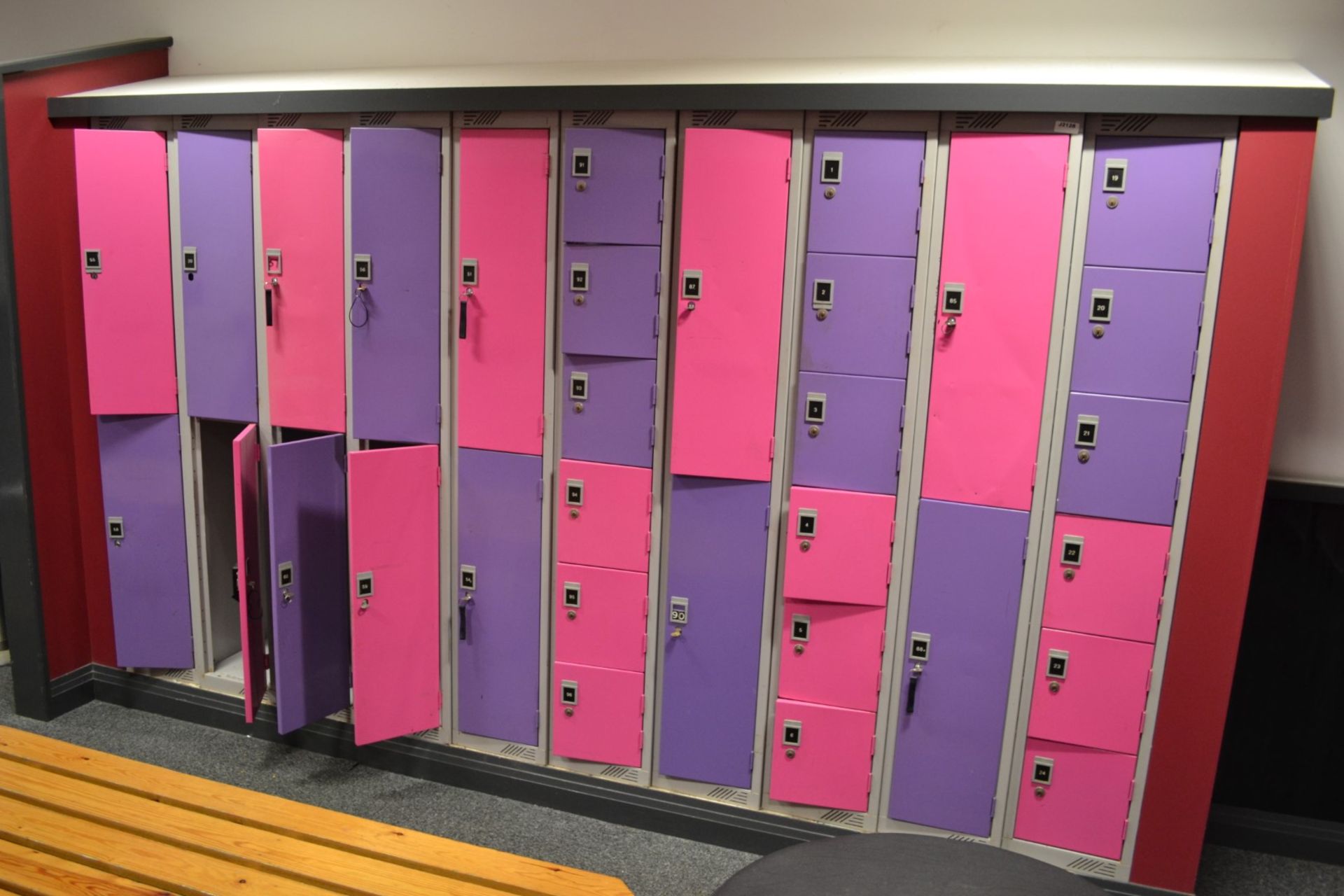 32 x Steel Changing Room Lockers in Purple and Pink - Some With Keys and Some Without -