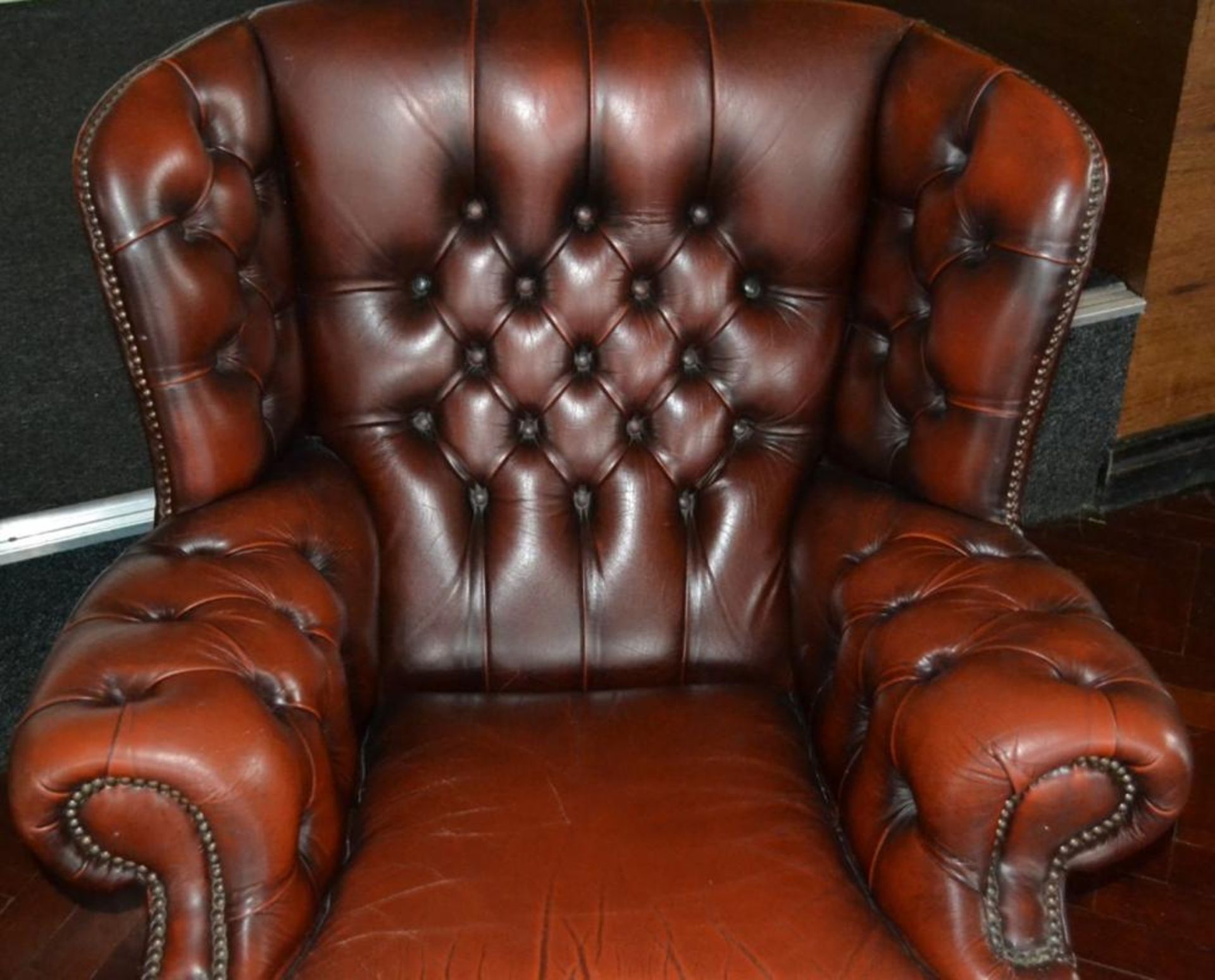 1 x Chesterfield Wing Back Armchair in Brown - H90 x W95 x D80 cms - Ref BB576 TFF - CL351 - - Image 2 of 4