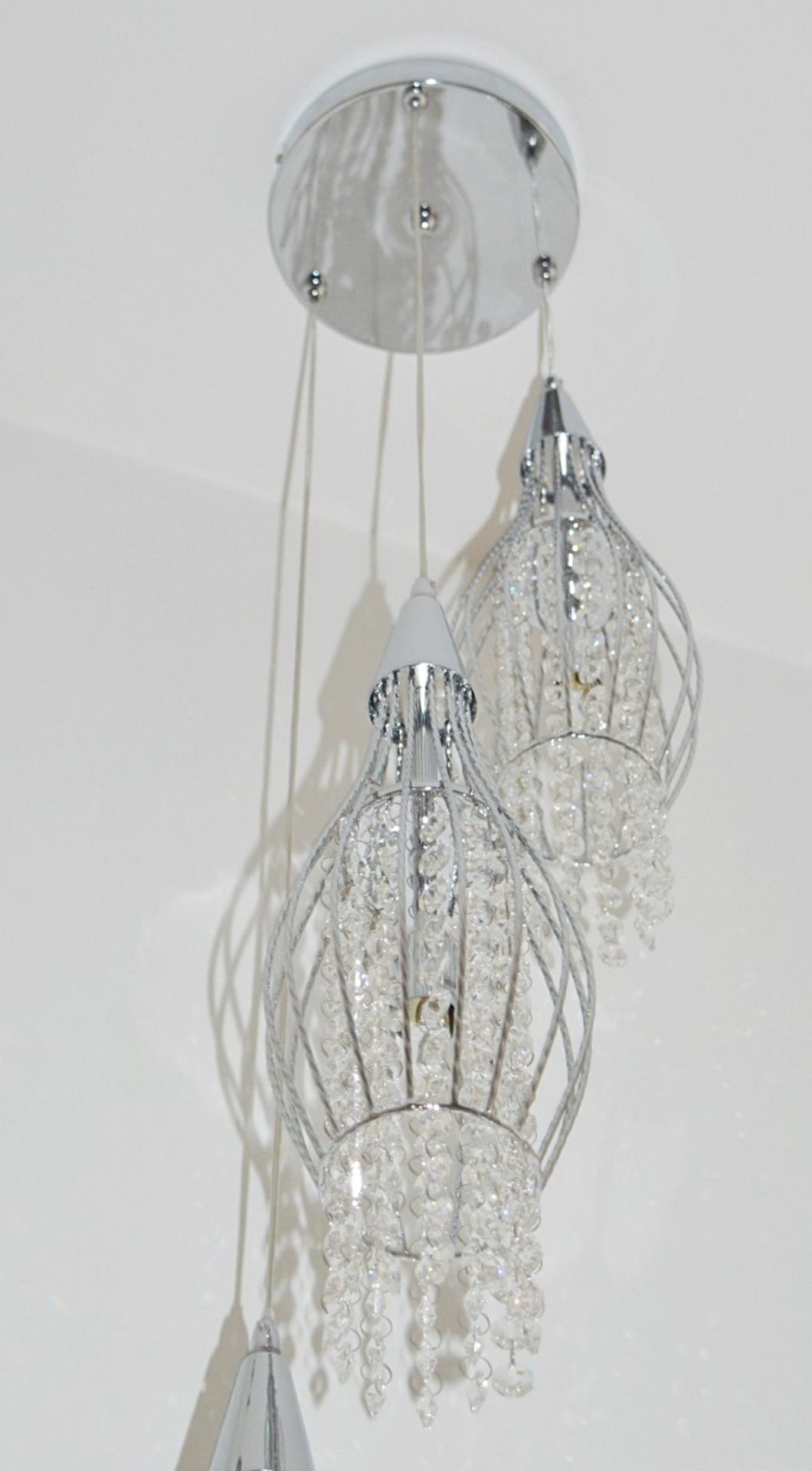 1 x Rocket Chrome 3-Light Cage Multi-drop Pendant Light With Clear Crystal Buttons - RRP £228.00 - Image 4 of 4