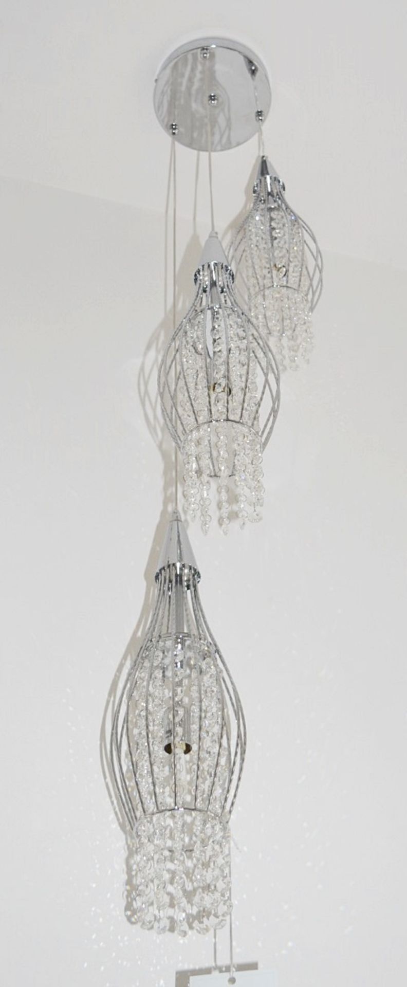 1 x Rocket Chrome 3-Light Cage Multi-drop Pendant Light With Clear Crystal Buttons - RRP £228.00 - Image 2 of 4