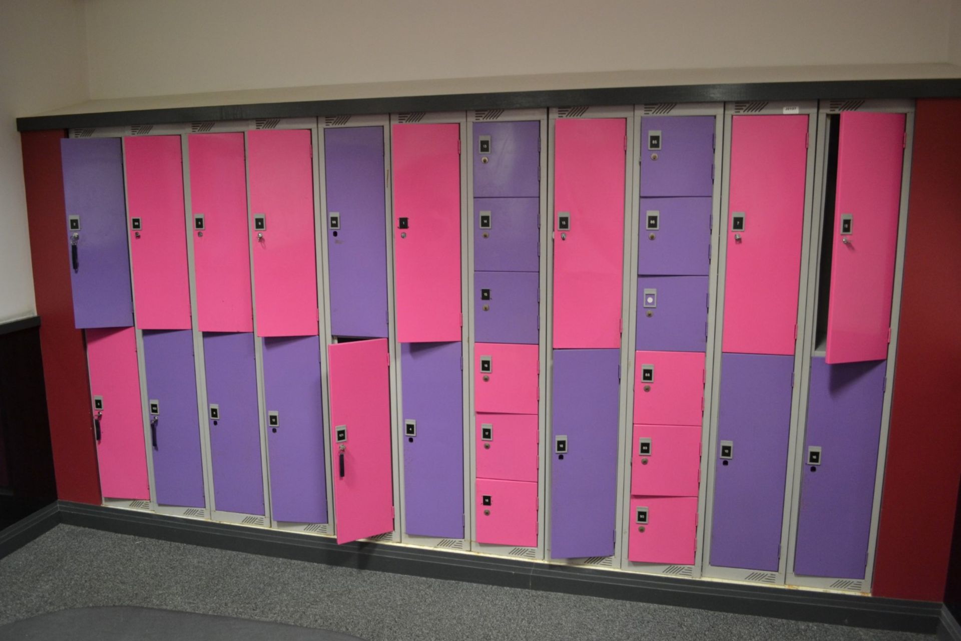 30 x Steel Changing Room Lockers in Purple and Pink - Some With Keys and Some Without -