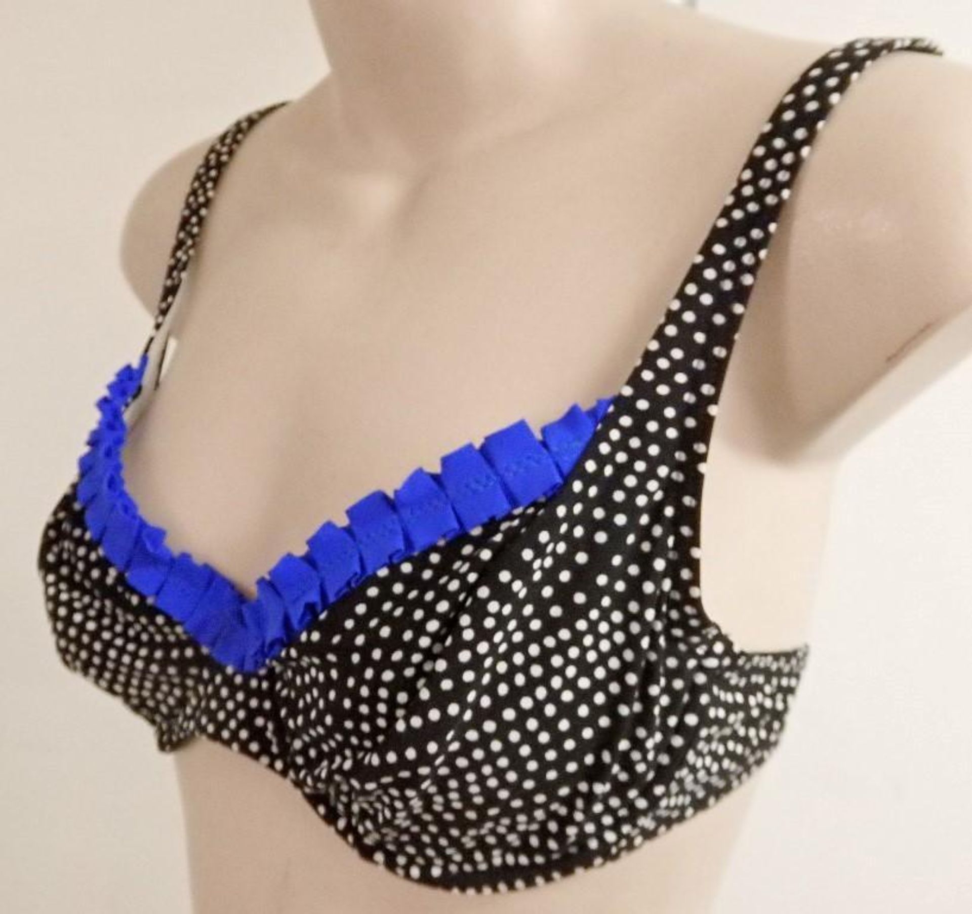 1 x Rasurel - Black Polka dot with royal blue trim &frill Tobago Bikini - B21068 - Size 2C - UK 32 - - Image 3 of 10