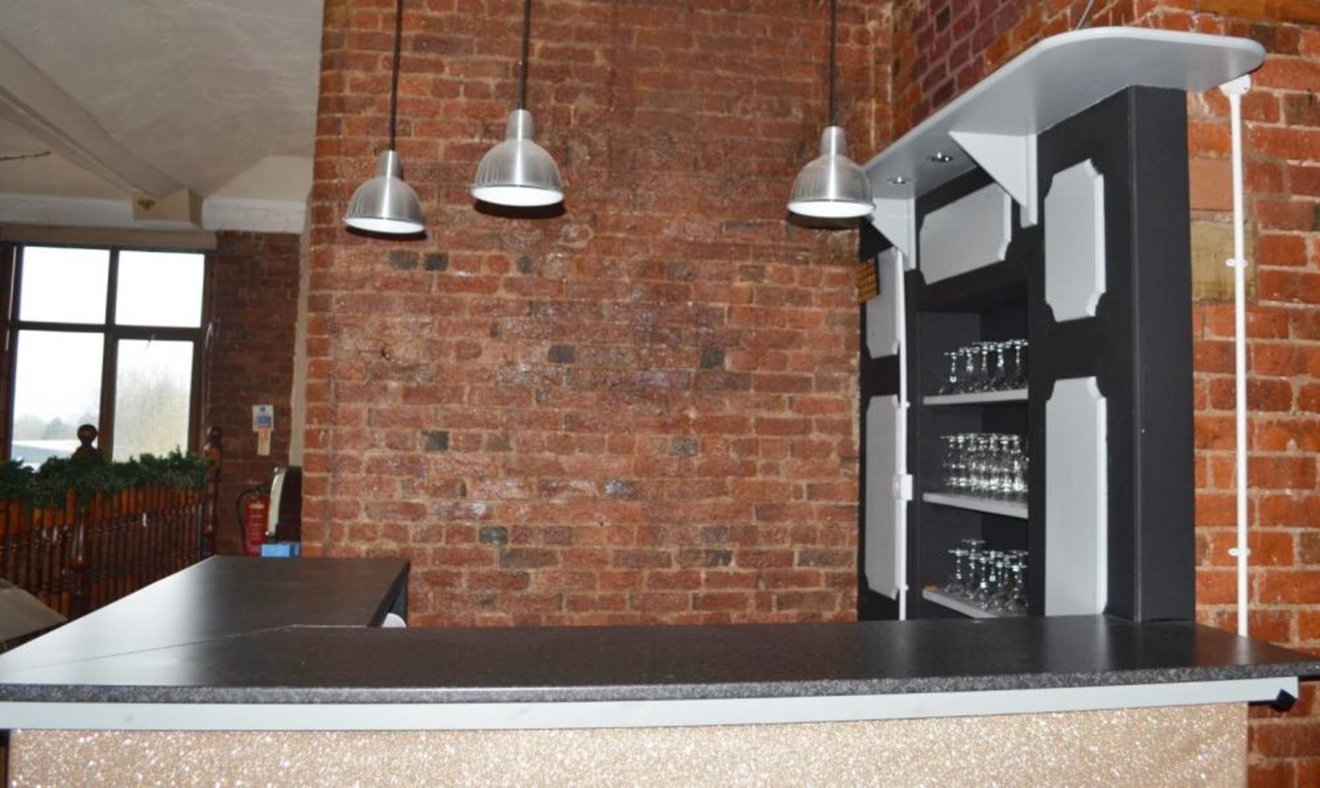 1 x Drinks Bar Finished in Black and Grey - Includes Backbar Shelf Unit and Three Pendant Lights - H - Image 7 of 13