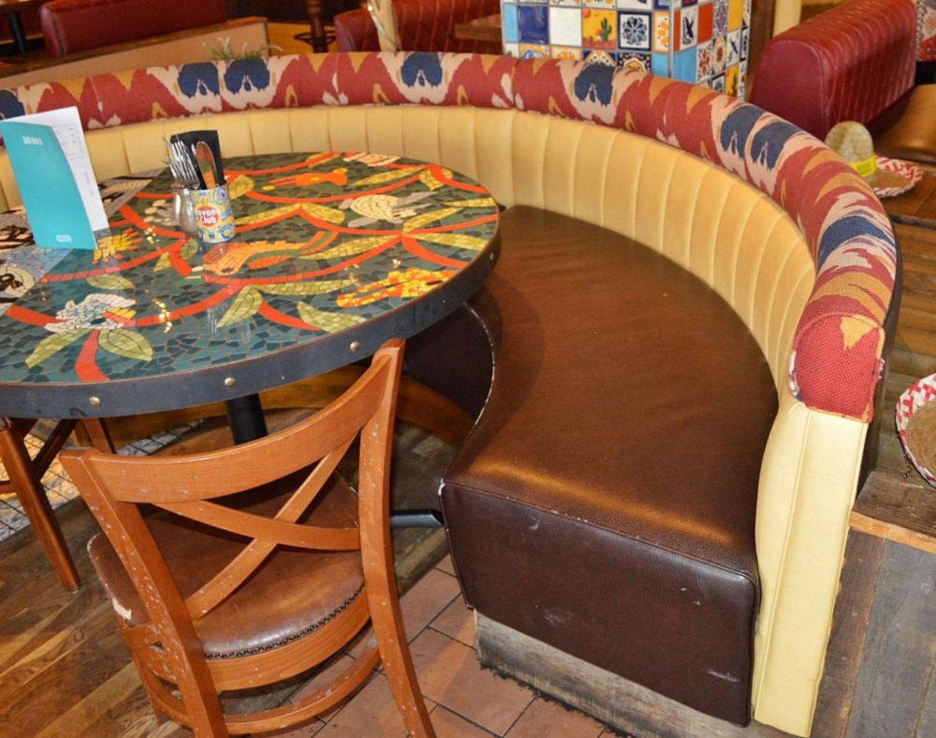 2 x Half Circle Seating Booths / Banquet Seating - Faux Leather Brown Seating With Yellow and Brown - Image 4 of 13