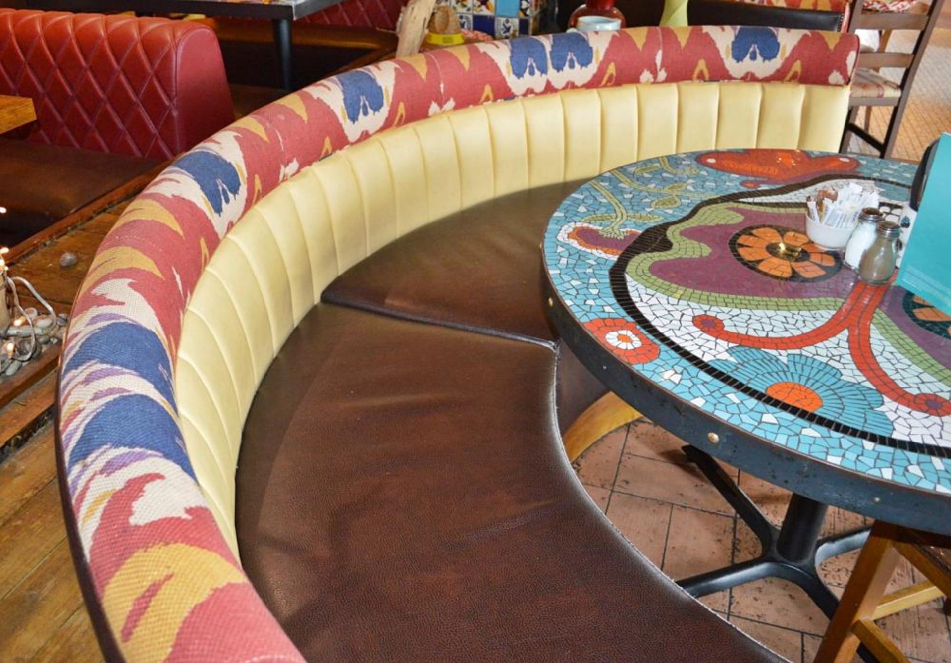 2 x Half Circle Seating Booths / Banquet Seating - Faux Leather Brown Seating With Yellow and Brown - Image 3 of 15