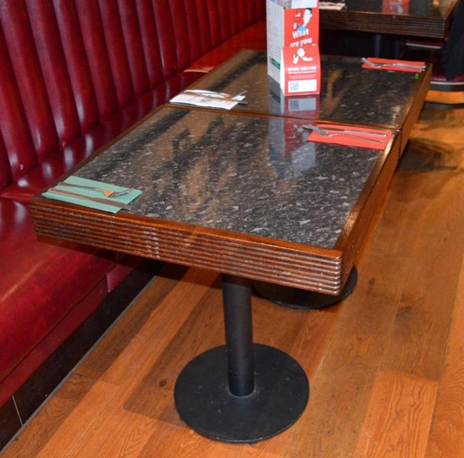 4 x Square Restaurant / Bistro Tables - Each Features A Wood Framed Top And Metal Base - 70x62xH80cm