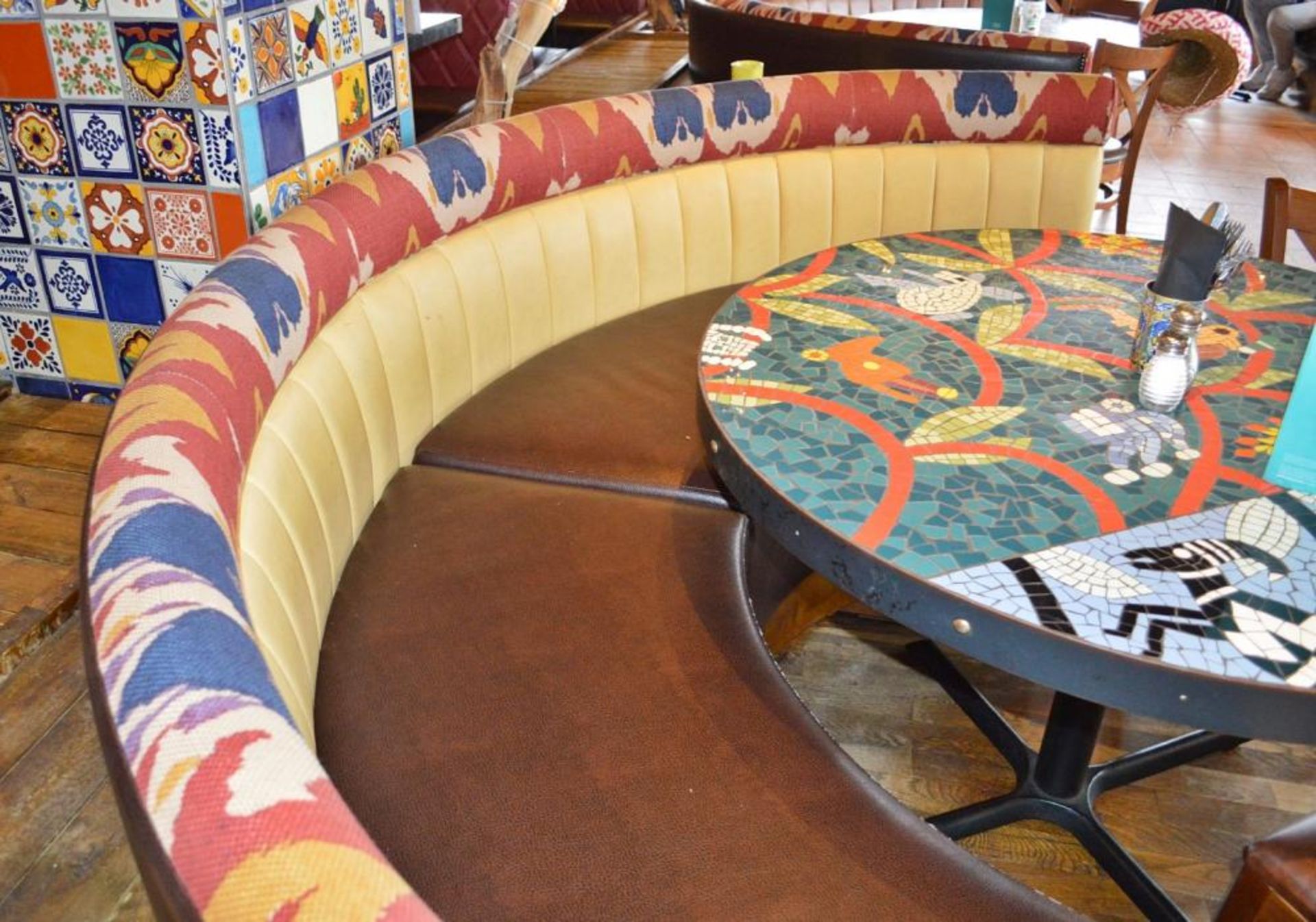 2 x Half Circle Seating Booths / Banquet Seating - Faux Leather Brown Seating With Yellow and Brown - Image 3 of 13