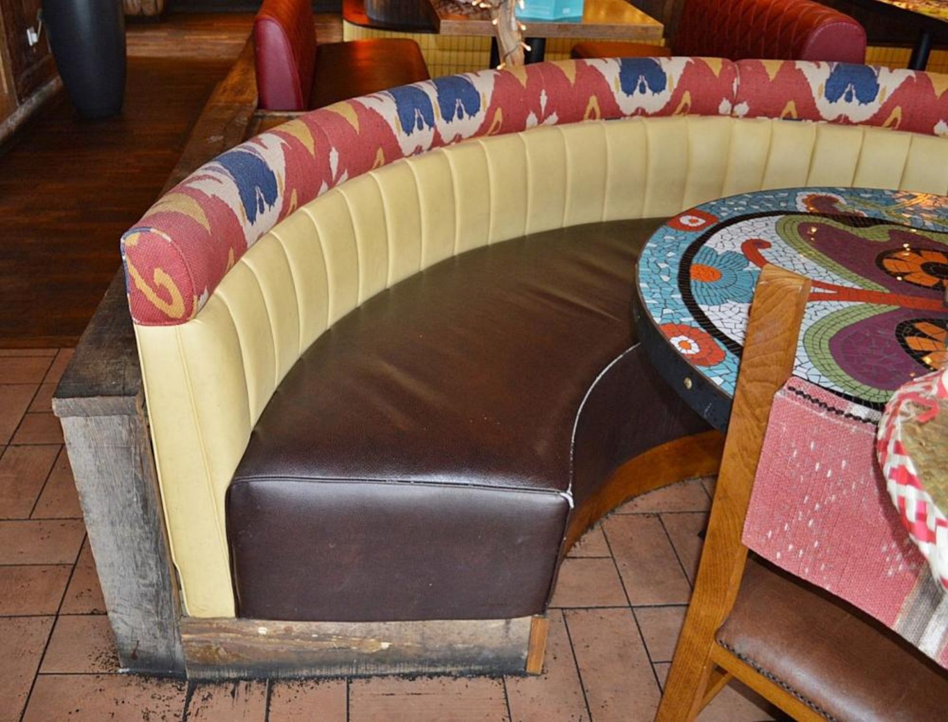 2 x Half Circle Seating Booths / Banquet Seating - Faux Leather Brown Seating With Yellow and Brown - Image 7 of 15