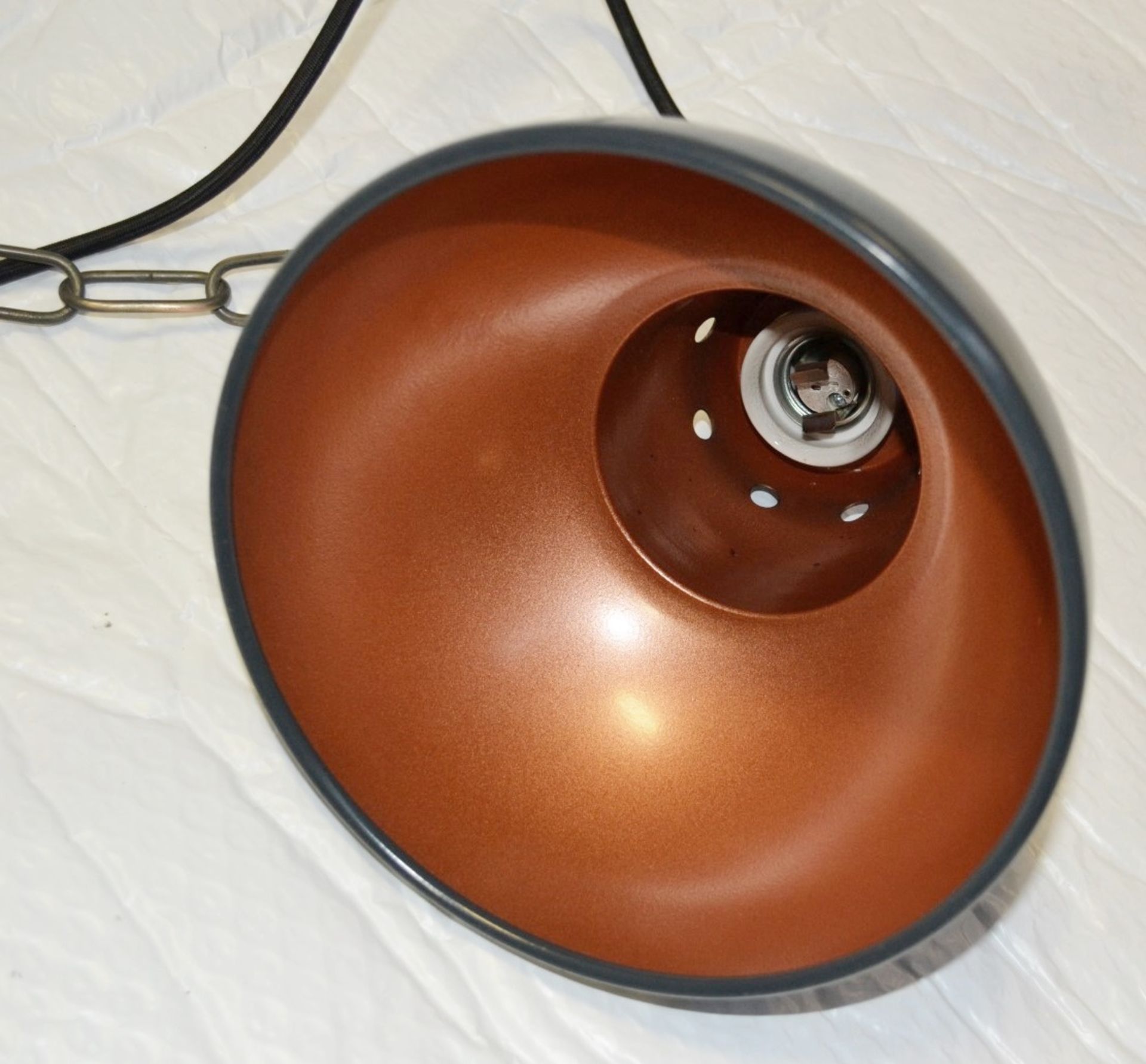 2 x Small Dome Pendant Ceiling Light Fittings With Chain And Black Fabric Flex - Dark Grey / Copper - Image 2 of 4