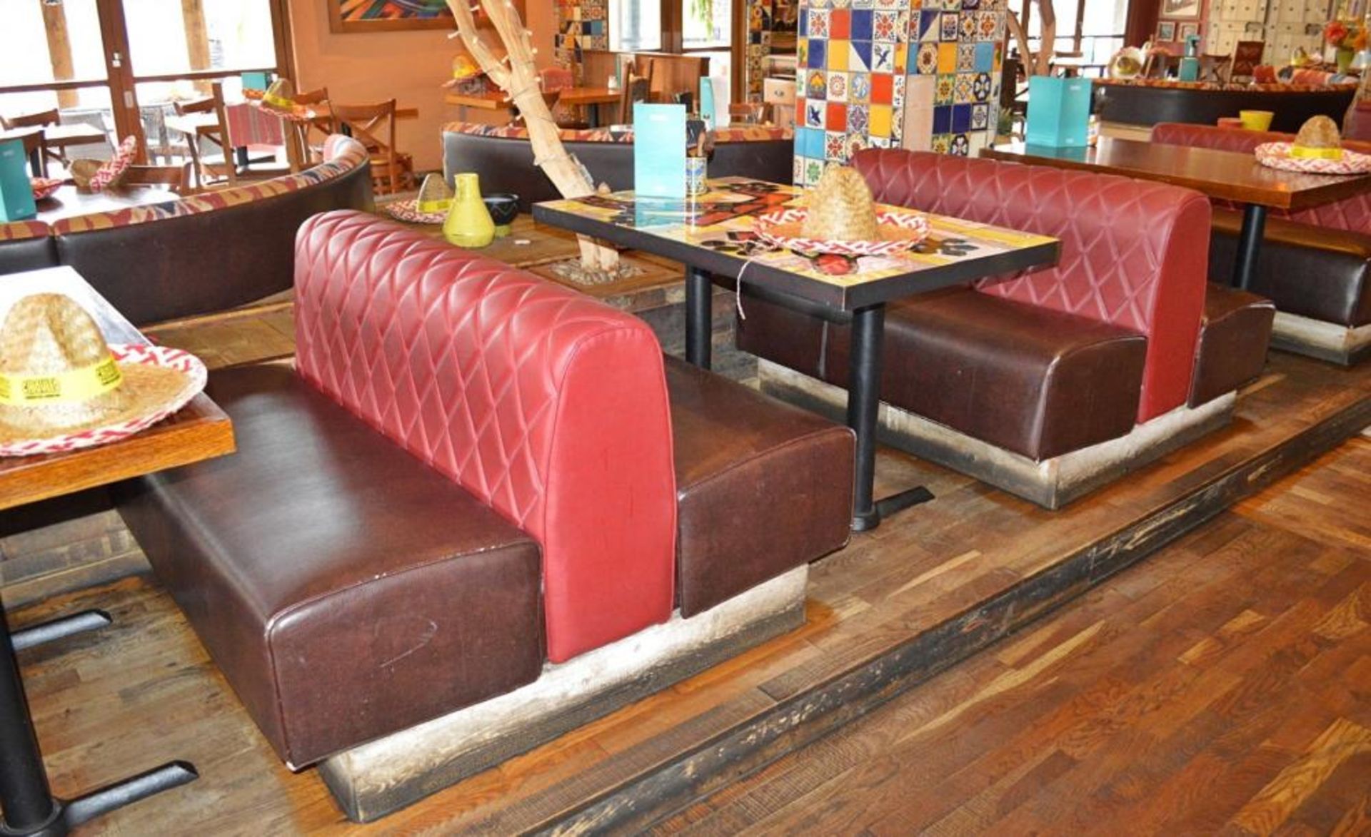 2 x Back to Back Seating Benches Plus 2 x Single Seating Benches With Red and Brown Faux Leather Uph - Image 2 of 5